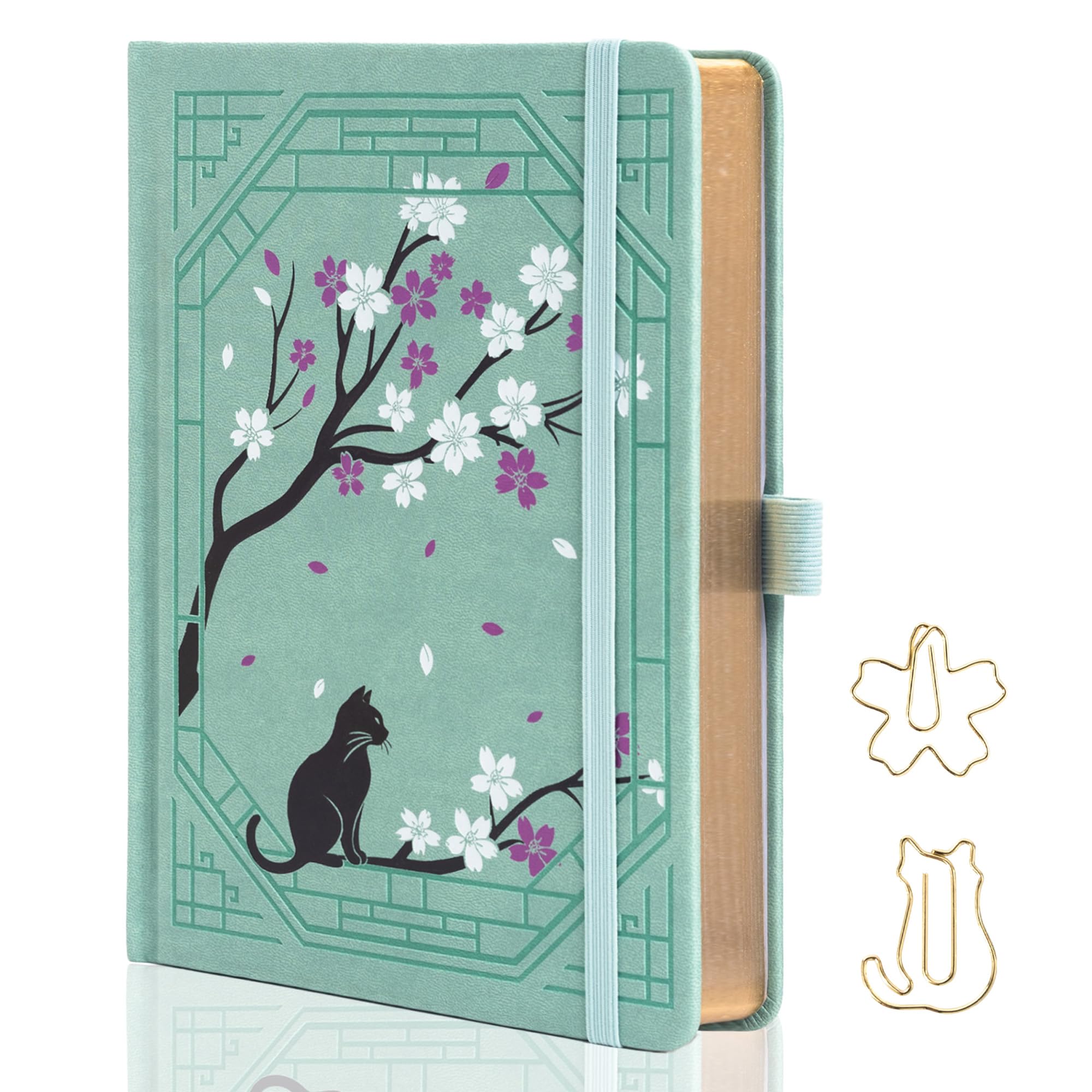 TIEFOSSI A5 Lined Journal, Cute Cat Journal for Women Girls, College Ruled Notebook with Pretty Sakura Pattern, Aesthetic Diary for Writing Journaling Drawing, Golden Edges