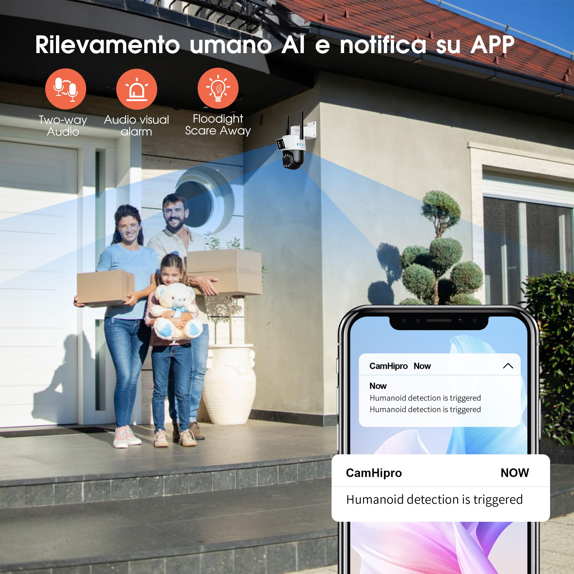 Telecamera Wi-Fi Esterno,Tre-Lente Doppia-Visione, 2,4G FHD1080P PTZ IP Videocamera Sorveglianza,Tracciamento Automatico,Visione Notturna a Colori, Audio Bidirezionale, IP66 (HD)