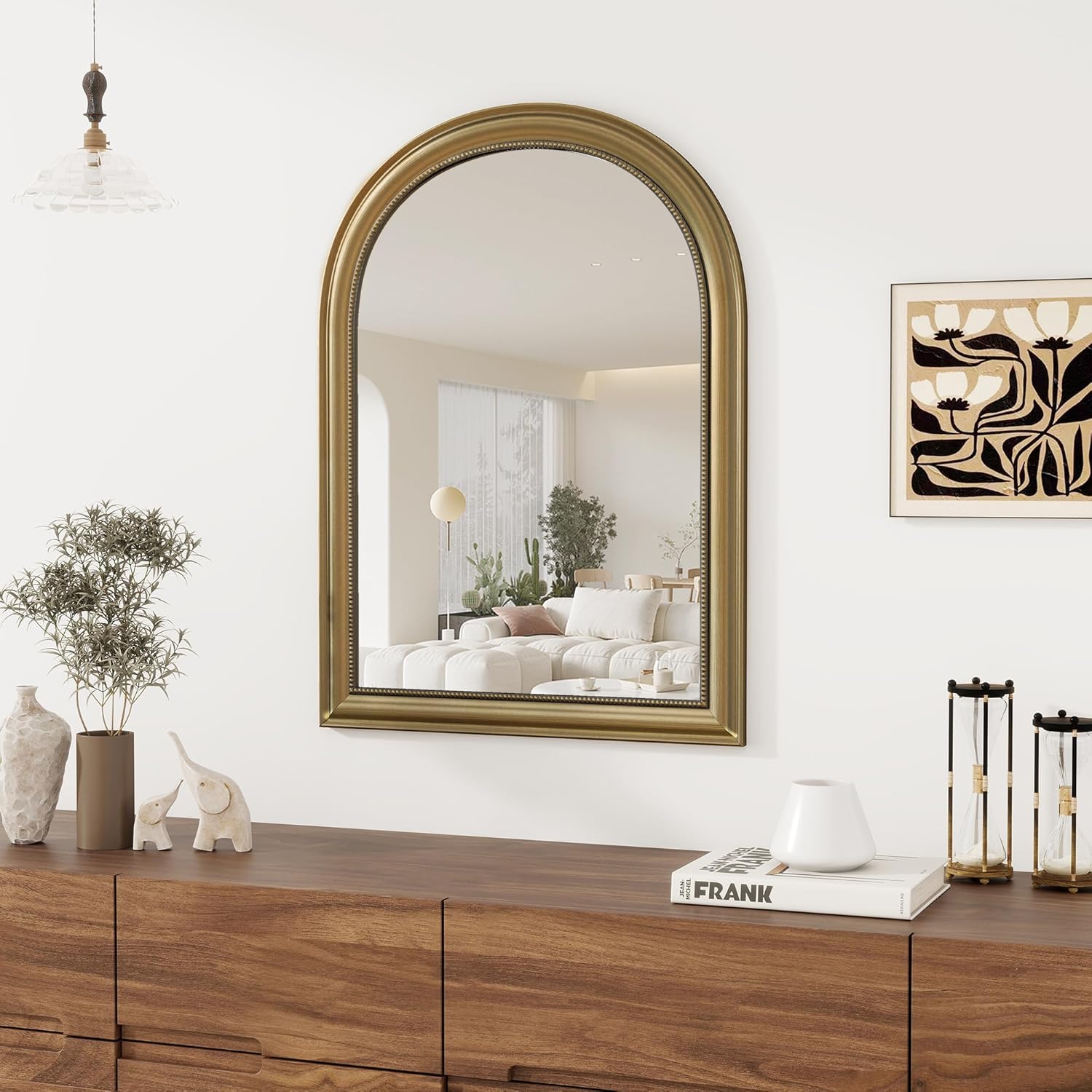Axeman 22x30 Arched Wall Mirror, Decorative Bathroom Mirror, Traditional Vintage Wall Mounted Mirror with Beaded Frame for Accent Living Room Vanity Bedroom Entryway, Gold