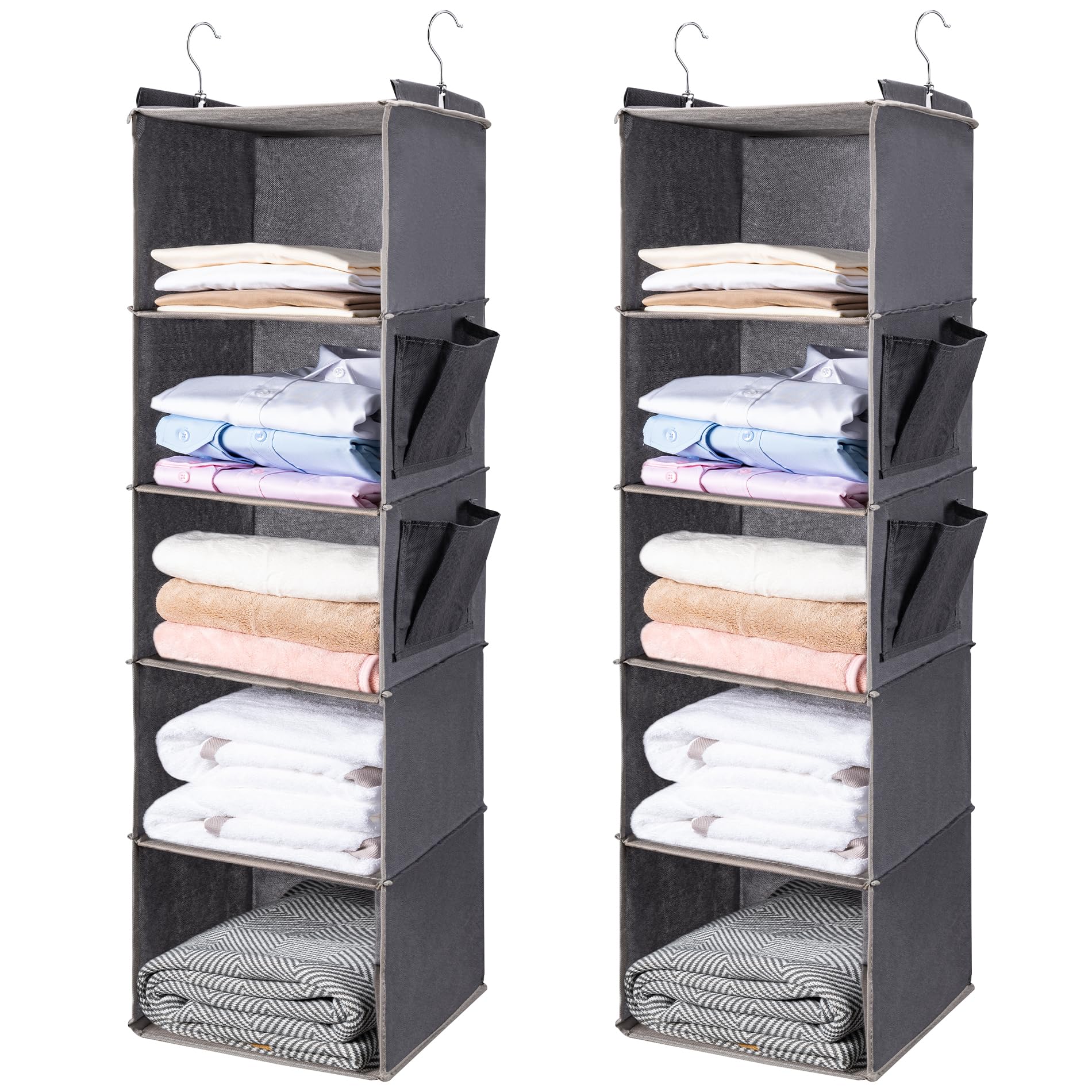 Photo 1 of BOOMIBOO Hanging Closet Organize and Shelves?5-Hanging Shelf with 2 Side Pockets?Storage Foldable ?2 Pack ?Grey?