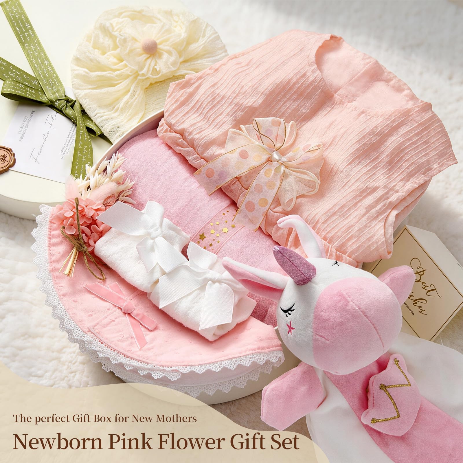 vamei Newborn Baby Girl Gift Hamper Set including Gift Box Onesie Hand Puppet Blanket Bib Milestone Hat Socks Card - Image 2