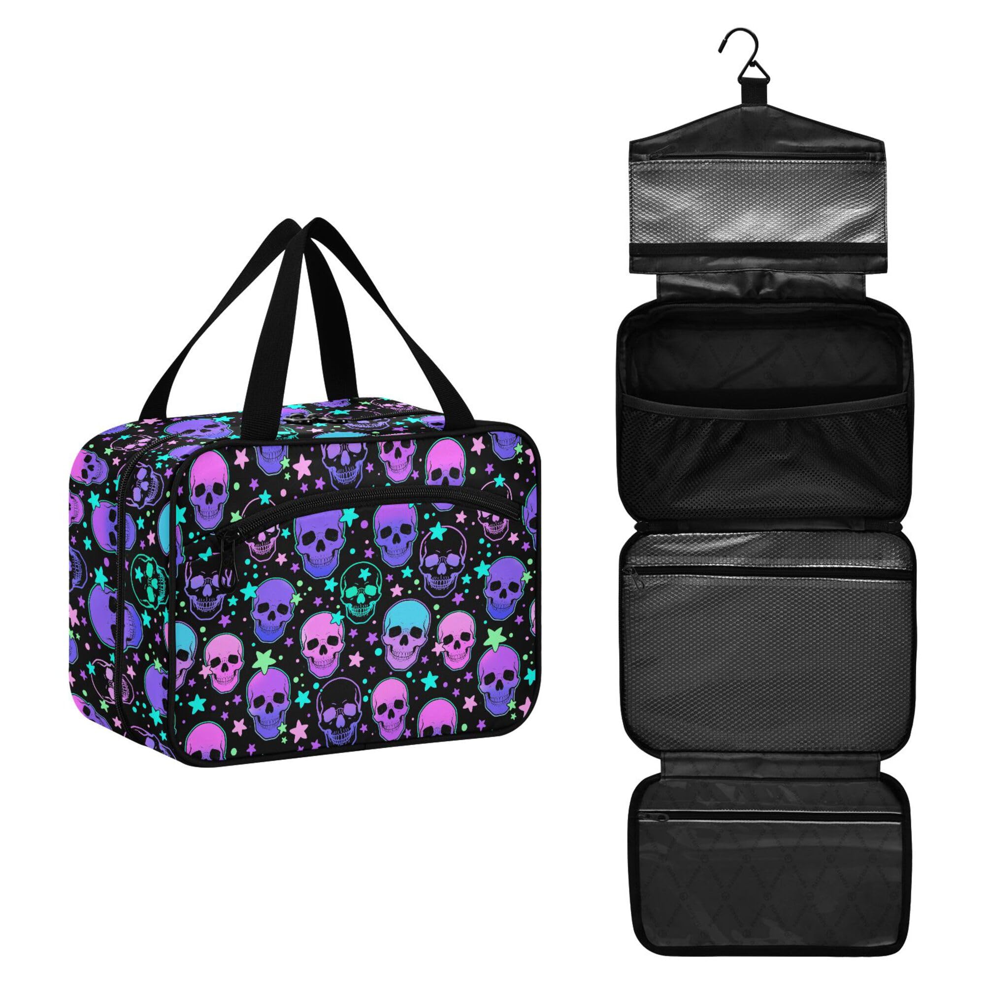 MNSRUU Hanging Toiletry Bags for Women Travel, Gothic Stars Purple Skulls Toiletry Organizer Portable Travel Toiletry Bags Clear Wash Bags Makeup Bag
