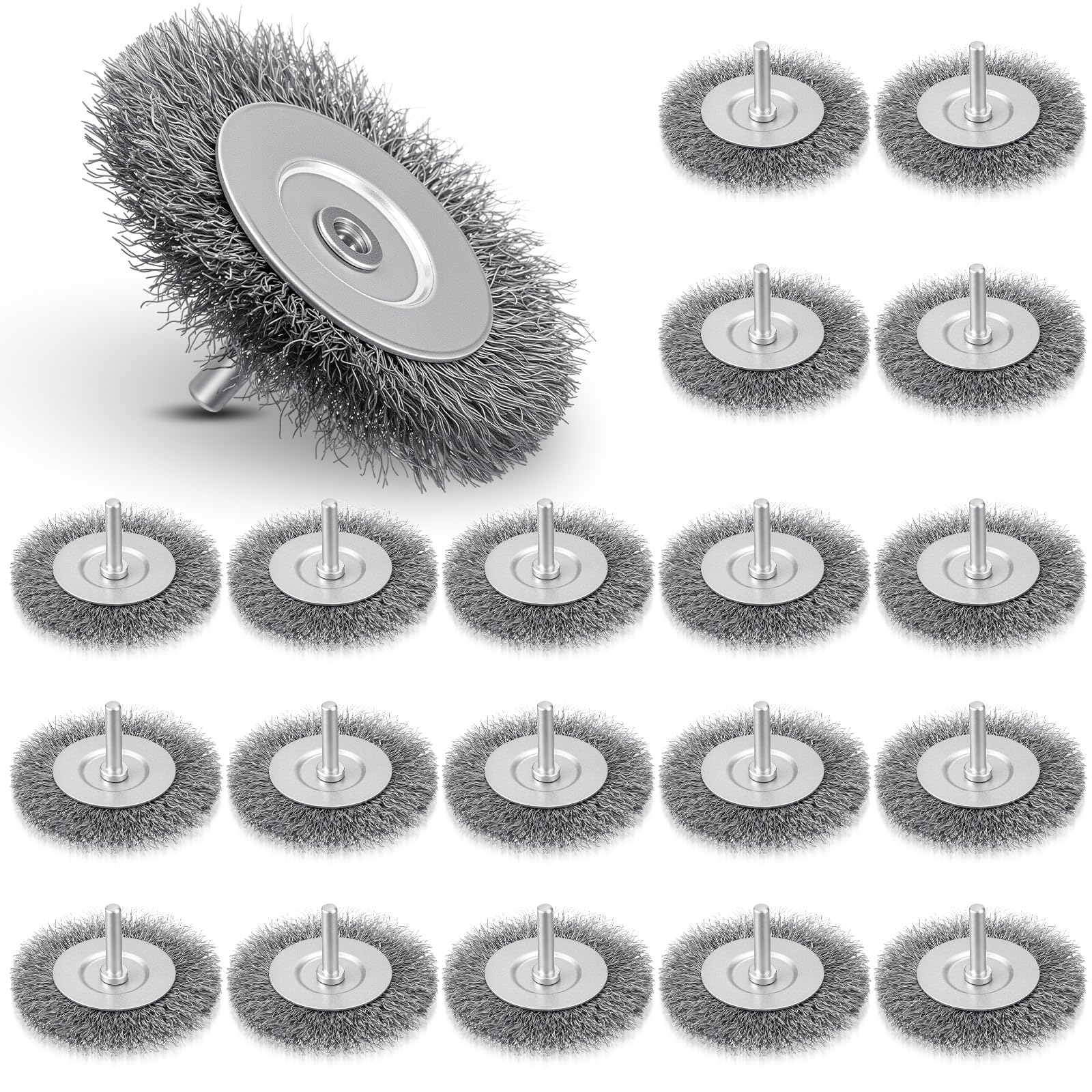 Moxweyeni 20 cepillos de rueda de alambre de acero inoxidable de 3 pulgadas para brocas con vástago de 1/4 pulgadas, alambre de ac