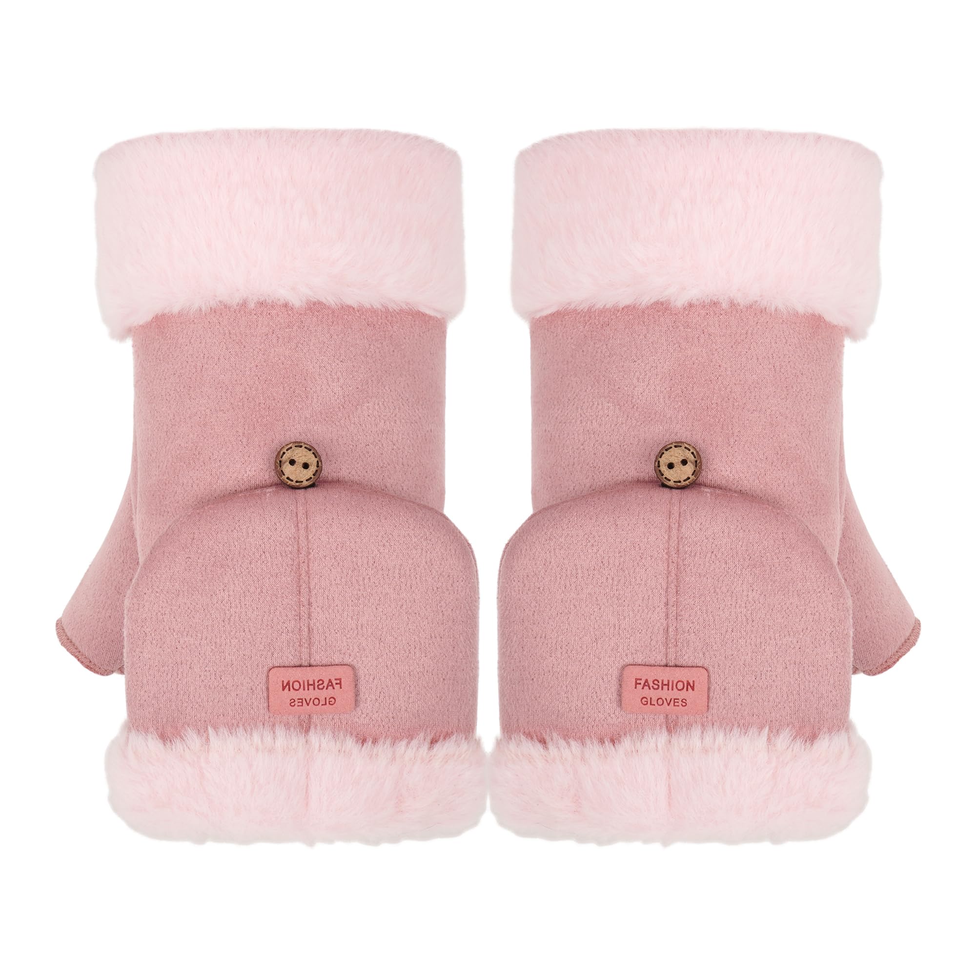 Meliya Womens Faux Fur Suede Winter Warm Gloves Sheepskin Mittens with Fold Back Cuff (Pink)