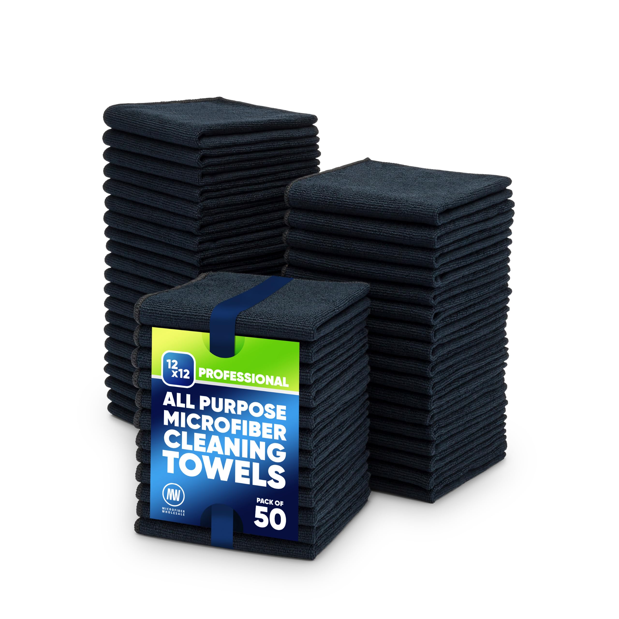 12" x 12" Microfiber Cleaning Cloths (50 Pack) - Reusable Towels, Wash Rags, Dust Cloth, All-Purpose: Kitchen, Dish, Cars, Shop, Glass (Black)