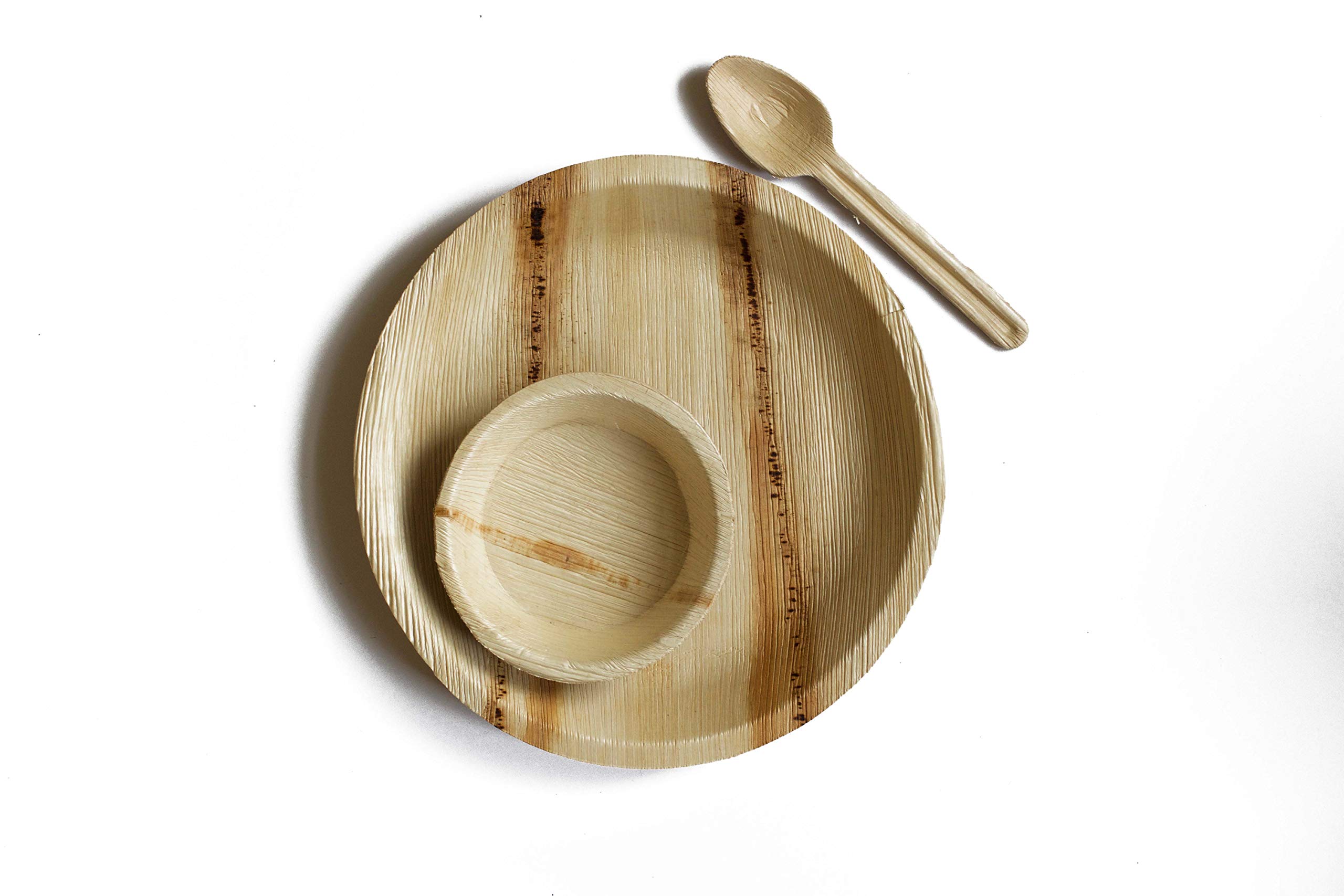 DISPOSABLE GREEN® | 130 Pieces Set | Palm Leaf Plates | Biodegradable Compostable Cutlery Tableware | 30x27 cm Round Plate & 25 Pieces Each of15 cm Bowls & Spoons, Fork & Knife