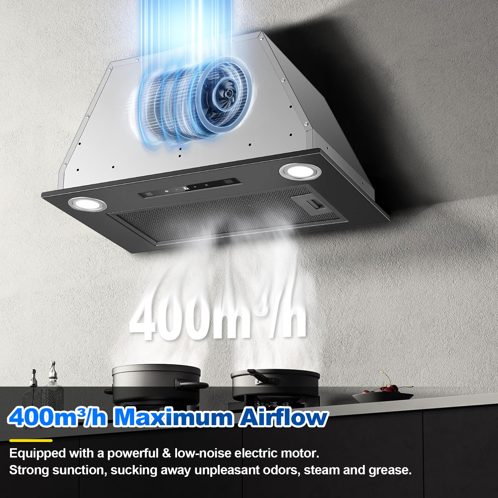 Cappa da incasso 52 cm, 400 m³/h, Nero Cappa da cucina, Comandi Gesto, Tocco, 3 velocità e Booster, Illuminazione a LED, Evacuazione dei condotti e ricircolo con filtro carbone attivo