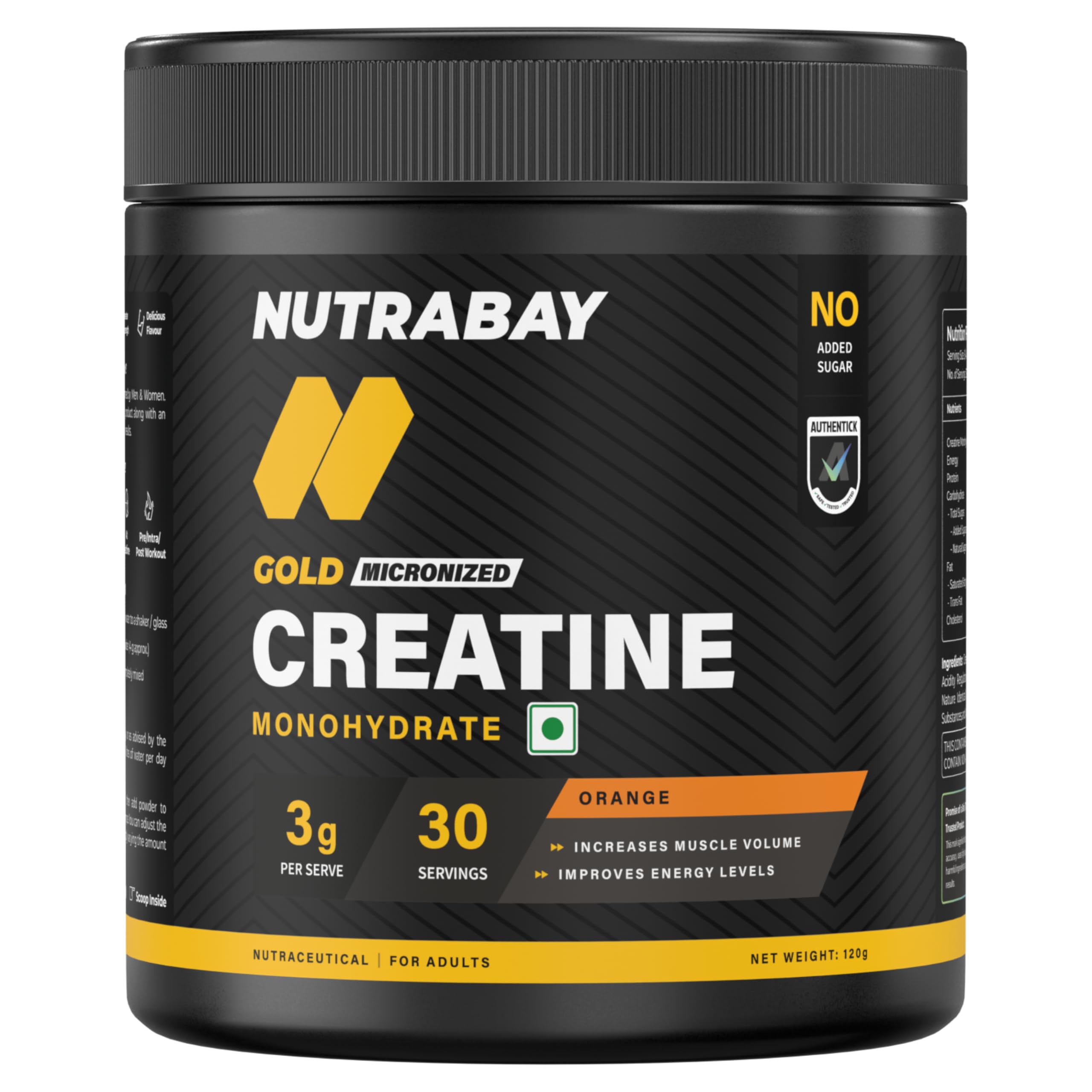 Nutrabay Gold Micronised Creatine Monohydrate Powder - 120g, Orange | NABL Lab Tested | 3g Creatine/Serving | Increases Muscle Mass, Strength & Power ...
