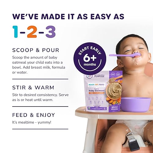 Miniatura 5 de Ready, Set, Food! Cereal orgánico de avena para bebés  Zanahoria de batata  Alimento orgánico para bebés con 9 alérgenos principales maní, huevo,
