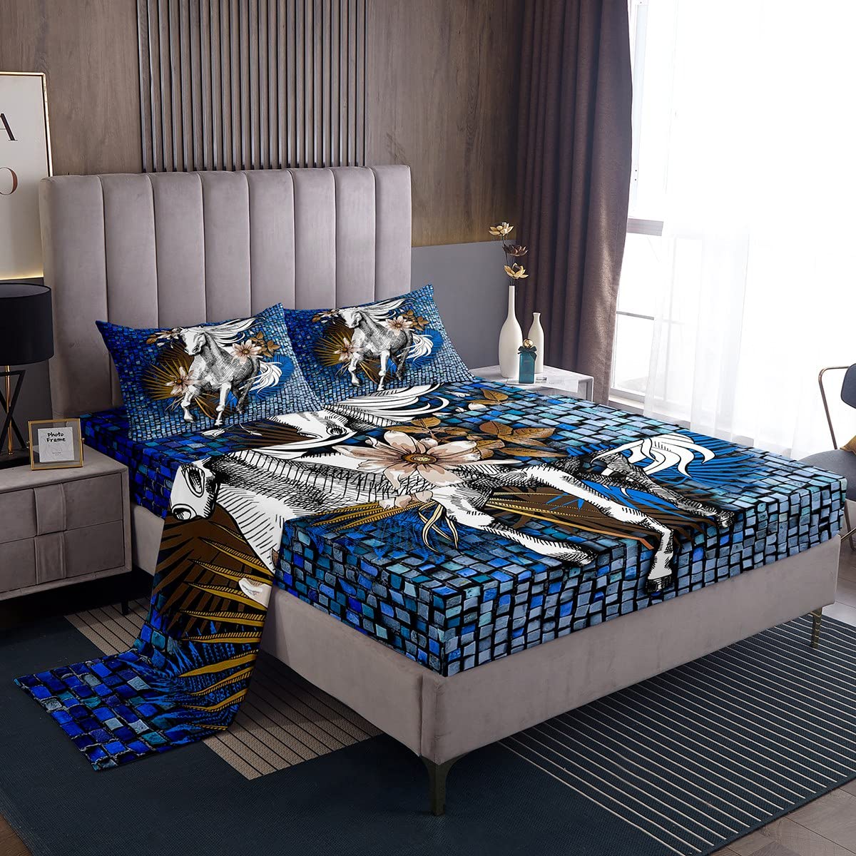 Juego de Ropa de Cama de Caballo Blanco Sábana de Cama de Caballo galopante Sábanas de Cama de geometría a Cuadros Azules Florales para niños Niños Niños Niñas Juego de sábanas de Microfibra