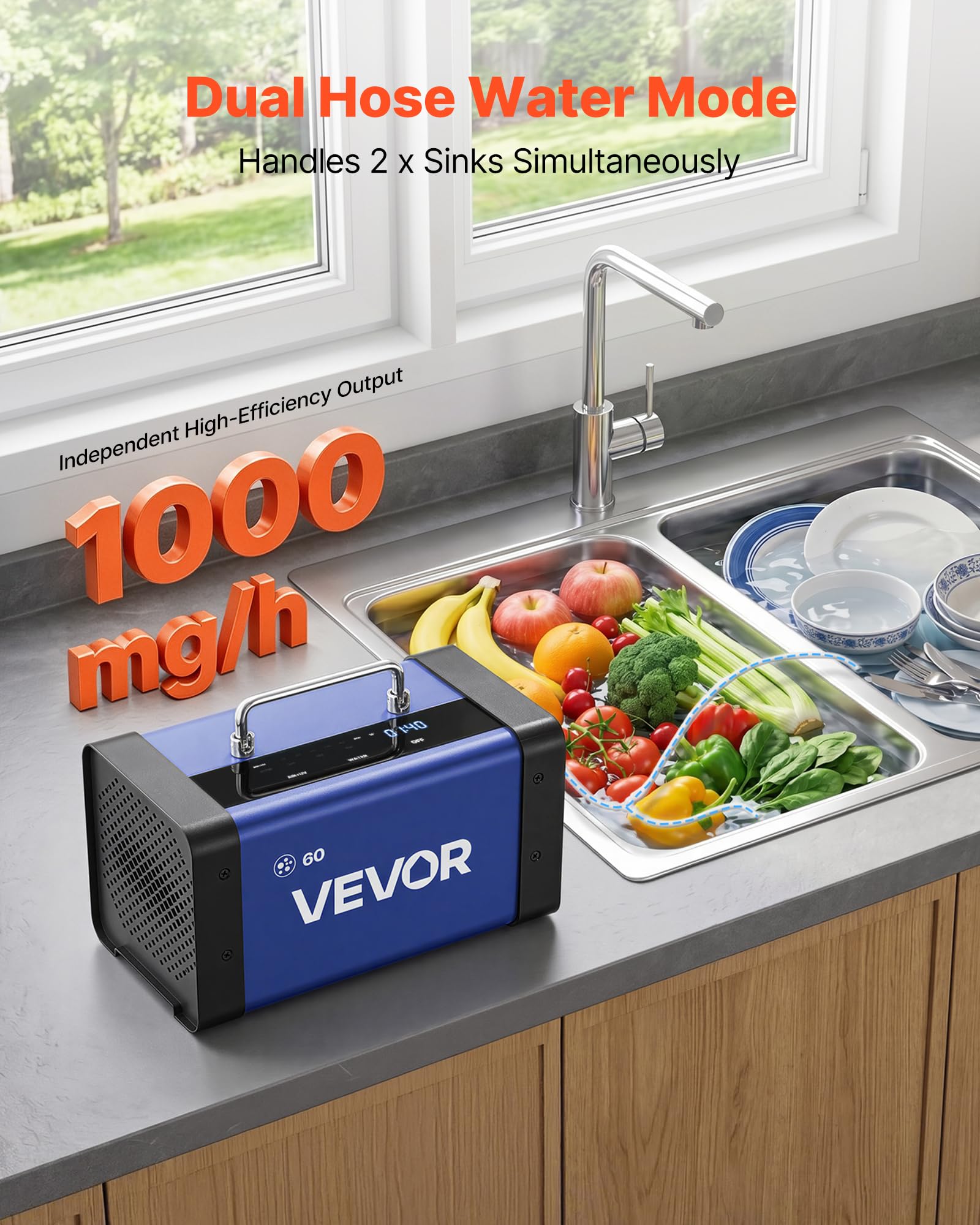 VEVOR Generatore di Ozono Professionale 60000 mg/h, Ozonizzatore Commerciale con Avvio Ritardato di 15 s, Modalità Acqua con Doppio Tubo, Touchscreen LCD, per Auto, Animali Domestici, Fino a 450 m²