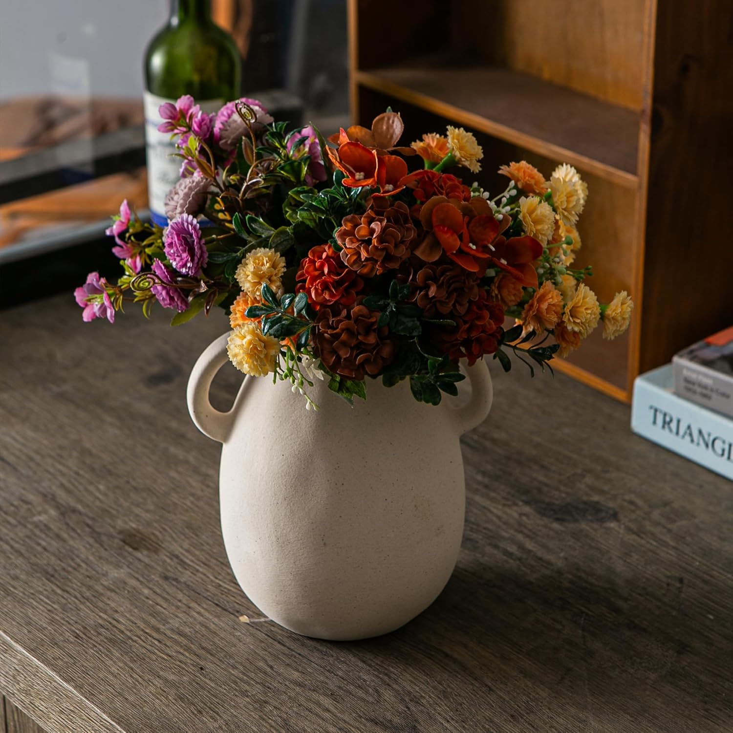 Off-White Ceramic Vase with 2 Handles, Sandstone Texture for Modern Farmhouse Decor, Rustic Pottery, Decorative Flower Vase, Clay Small Vase, Centerpiece for Dining Table - 7 Inch Tall - Image 4