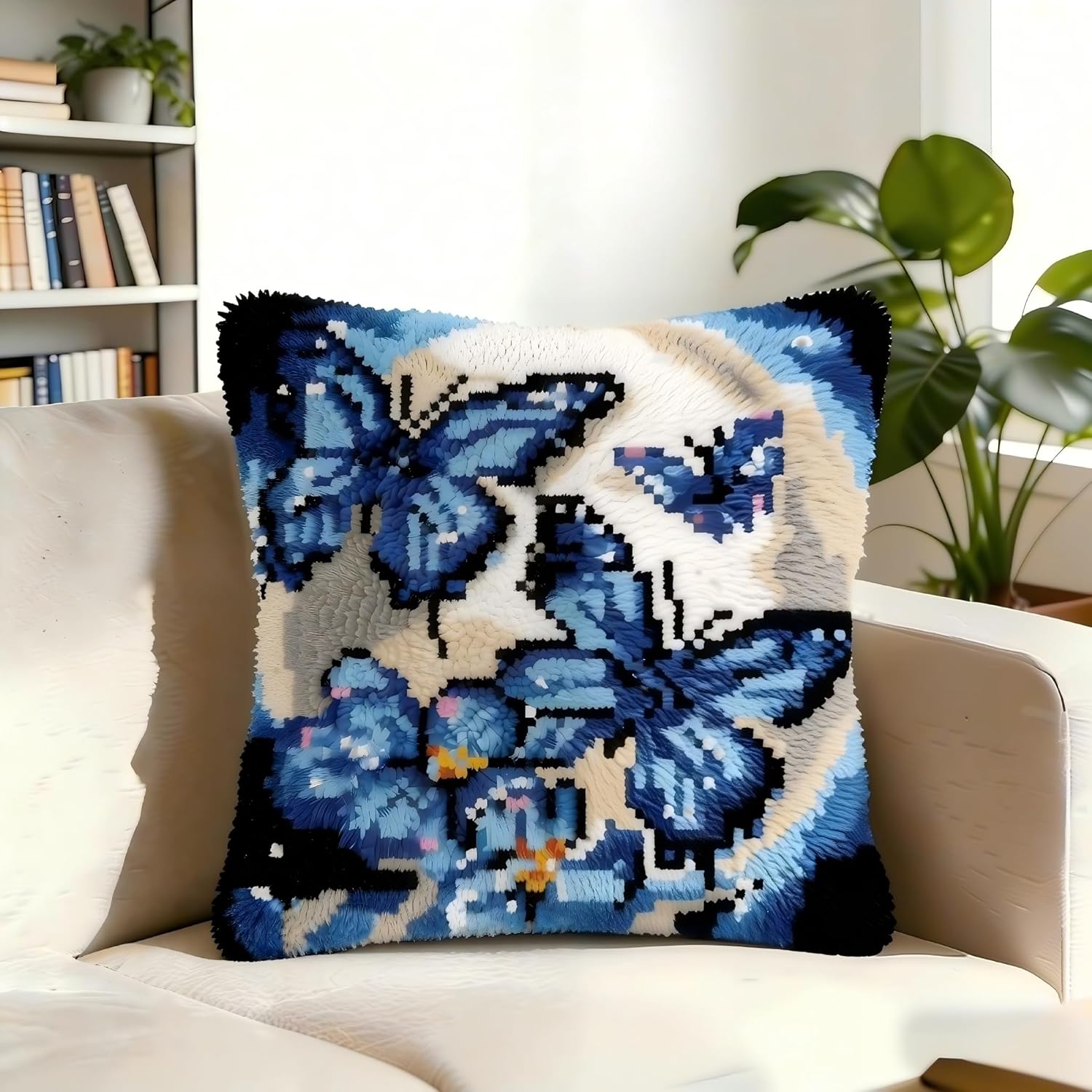 Cozykeke Butterfly Latch Hook Kit for Adults Beginners, DIY Latch Hook Pillow Kits with Pre-Printed Canvas, Suitable for Home Decor and Festival Gift 17 * 17in (BZ5407)