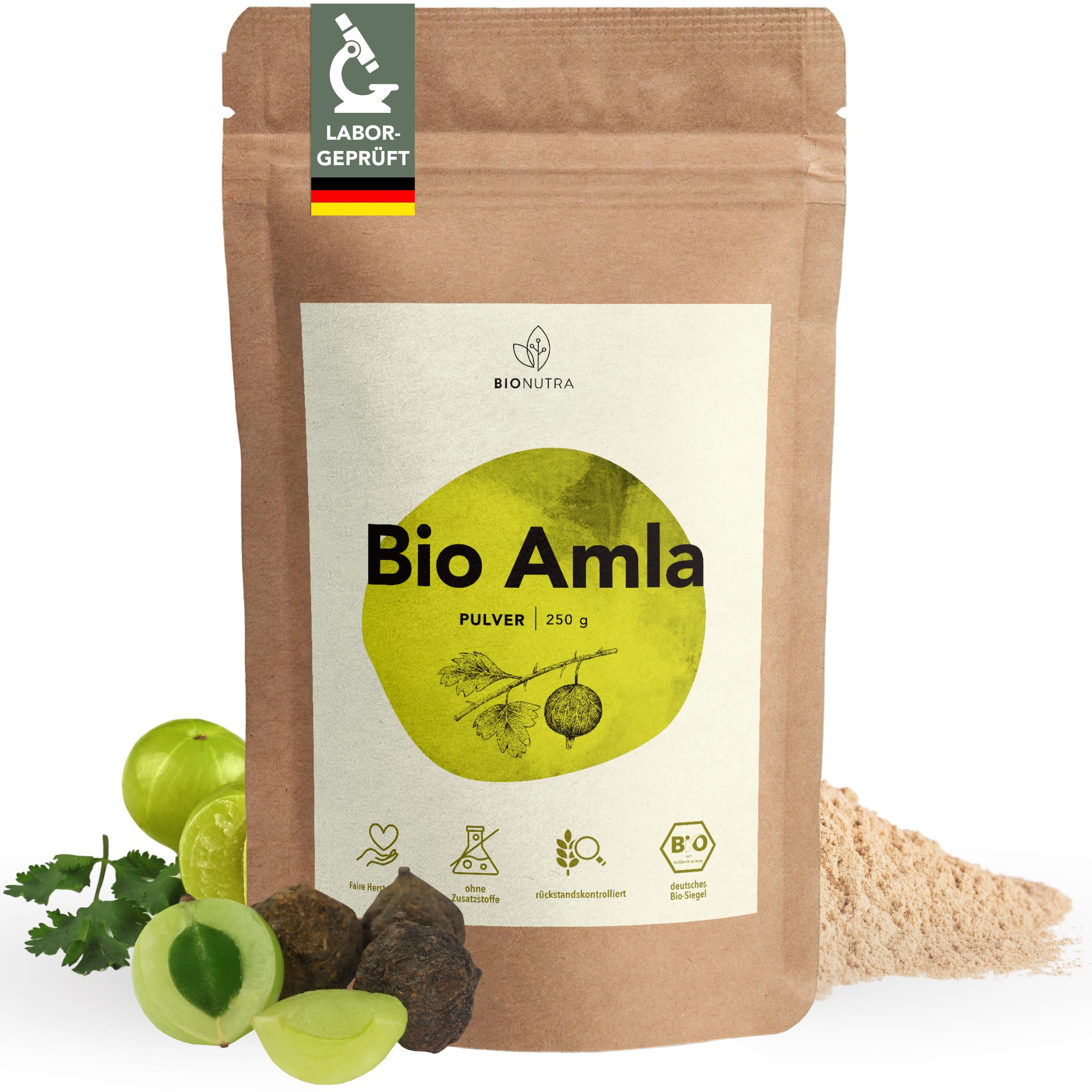 BIONUTRA® Bio Amla Pulver – 250 g Amalaki (indische Stachelbeere), rückstandskontrolliert, vegan, ohne Zusätze, Bio-Rohkost, EU-ÖKO-zertifiziert, gluten- & laktosefrei, natürlicher Vitamin-C-Gehalt