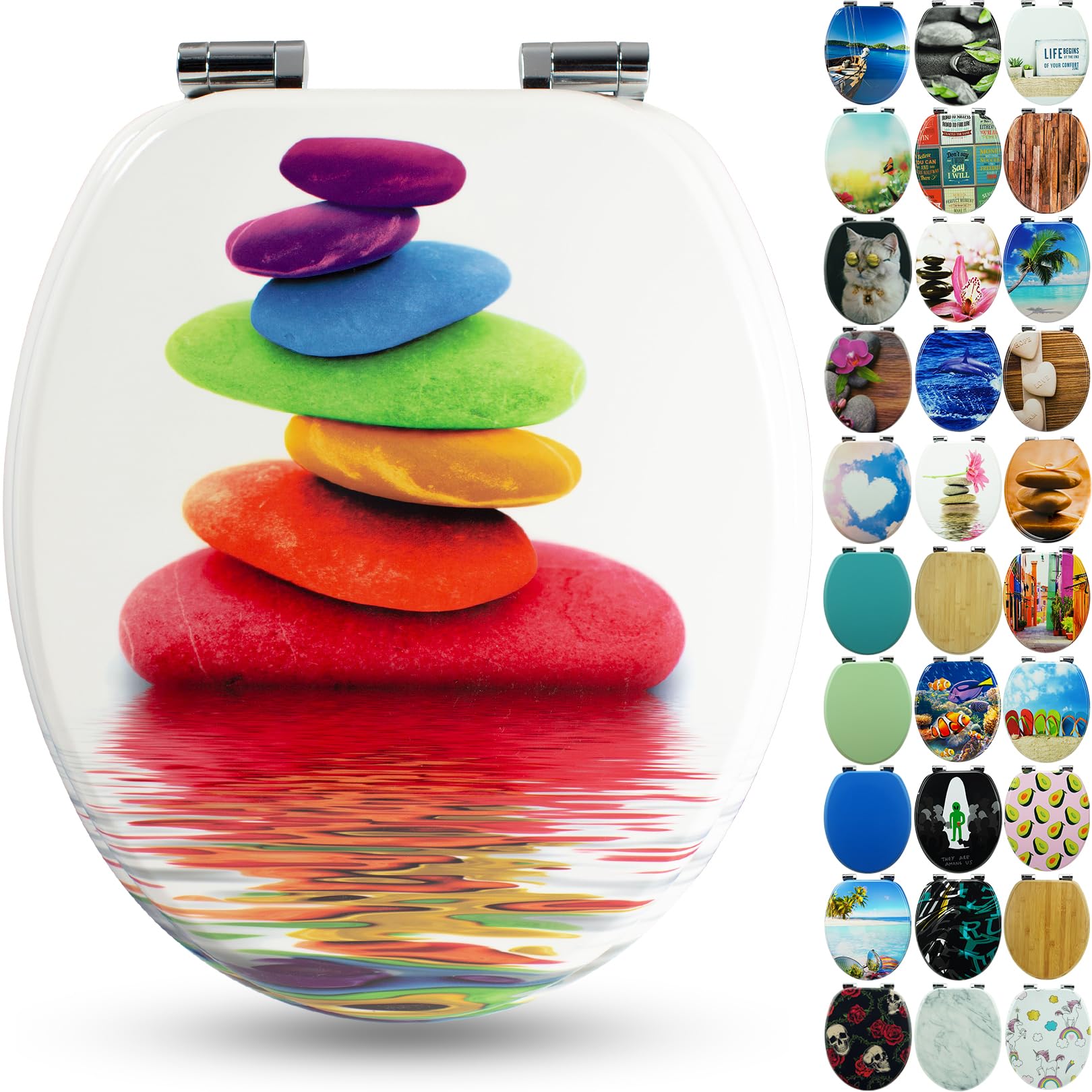Sanfino® Premium Toilet Seat with Soft Close - Wooden Toilet Lid, Lots of Colourful and Decorative Designs, high Seating Comfort, Easy to Install Including Instructions - "Rainbow Stone" — image 1