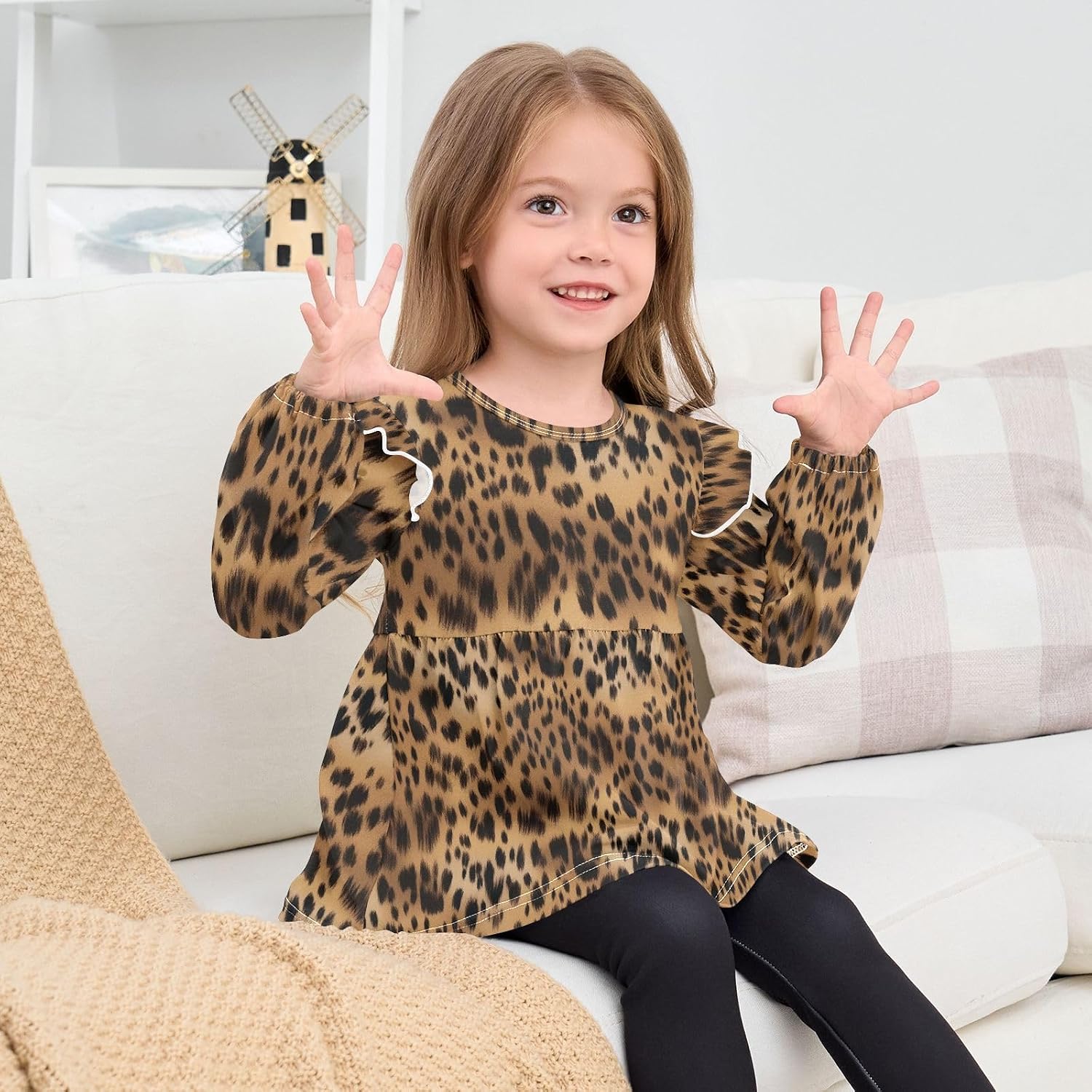 visesunny Toddler Clothes for Girls Sports Fuzzy Leopard Long Sleeve Fall Shirts Cotton Top with Ruffle Collar