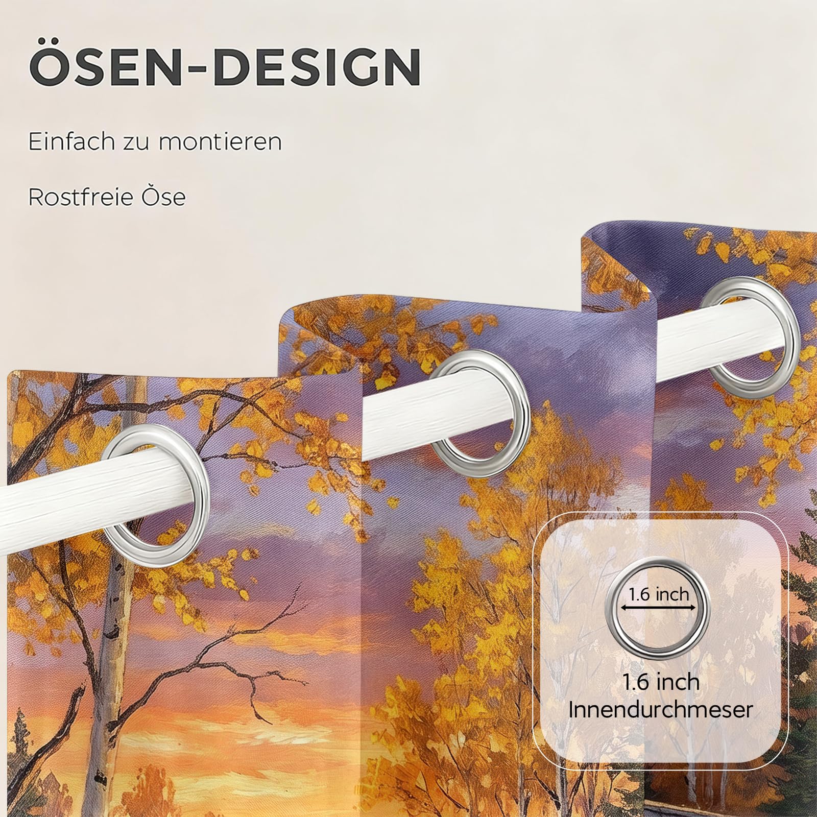 Vorhänge Herbstwald Landschaft mit Schwarzbär & Hütte, Romantischer Sonnenuntergang am Fluss, Ölgemälde Stil Gardine, Verdunkelung Ösenschal Polyester