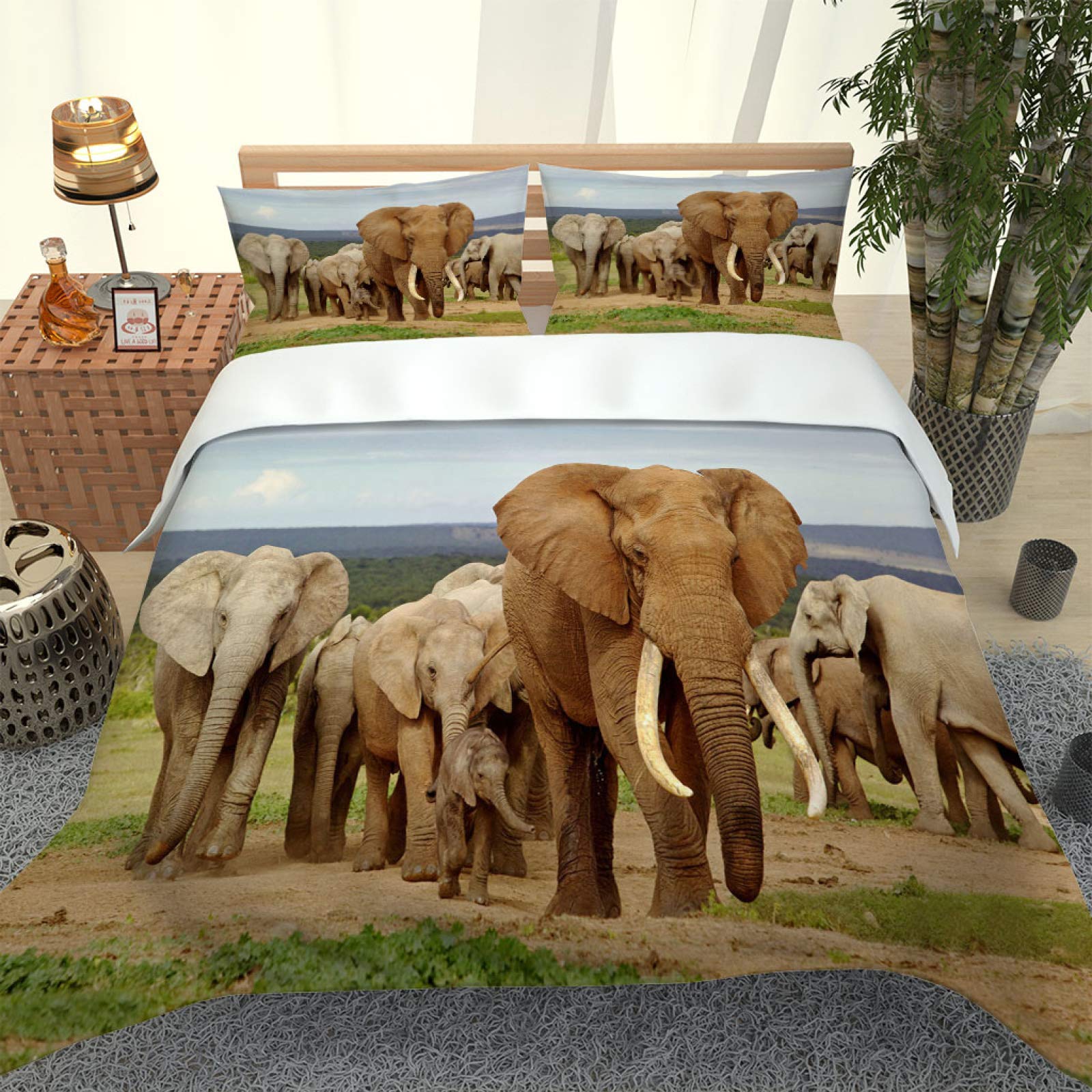 DESWIN Bedding Quilt Cover Microfiber Polyester 3D Bedding Set Zipper Closure 135X200Cm White African Savannah Elephant Duvet Cover Bedroom Decor for Boys Girls Adult Setsoft Comfortable Home Decor