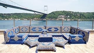 U Shaped Royal Blue Arabic Floor Sofa Set, Floor Cushions, Balcony Patio Sofas, Terrace Sofa, Ethnic Sofa, Moroccan Sofas, Sectional Sofas, Hookah Sofas (U Sofa Only)