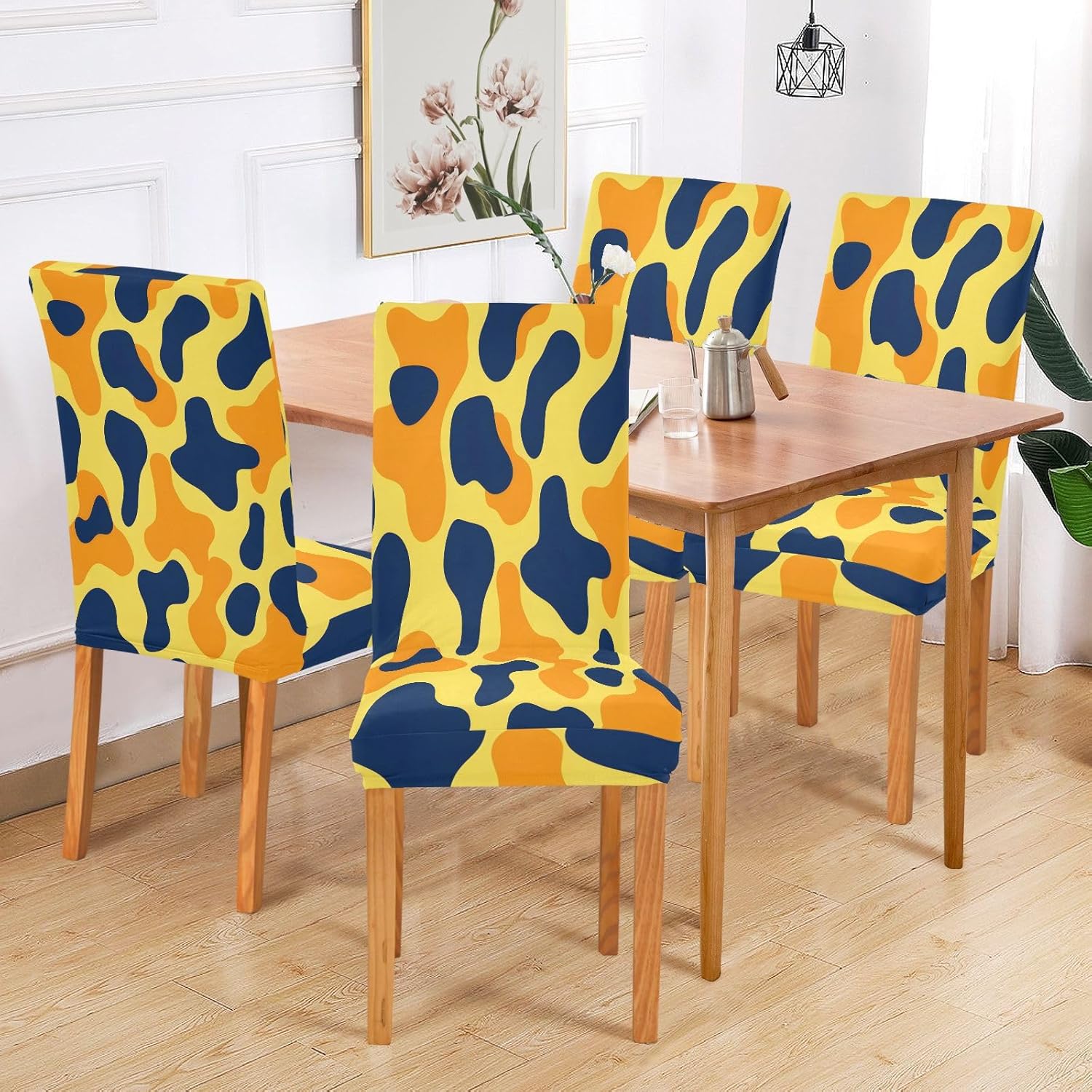ALAZA Chair Covers for Dining Room, Orange Yellow Cow Pattern Stretch Chair Cover Sets Chair Protector Removable Washable for Ktichen Restaurant Hotel