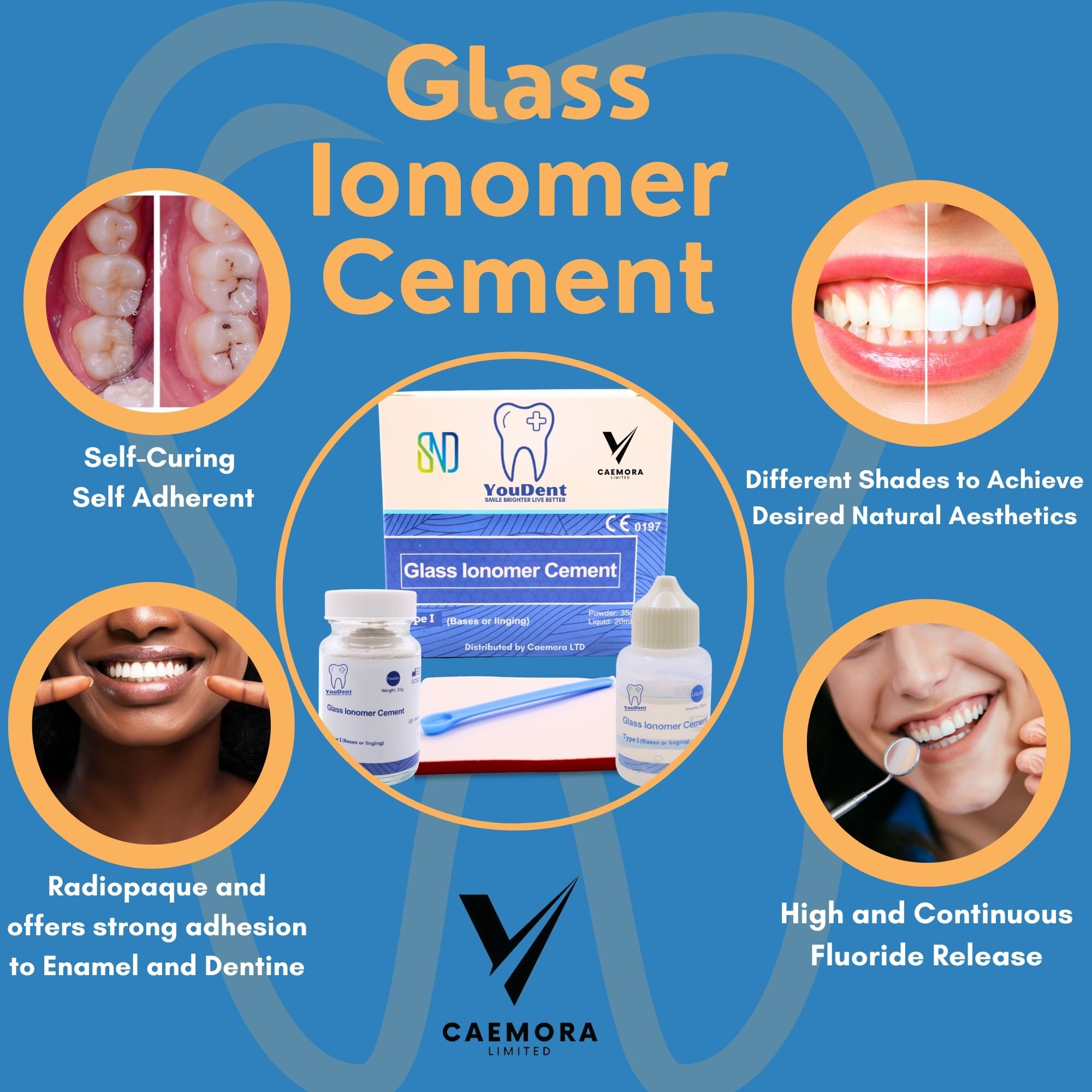 Caemora Kit de reparación dental Cemento dental de ionómero de vidrio Relleno permanente