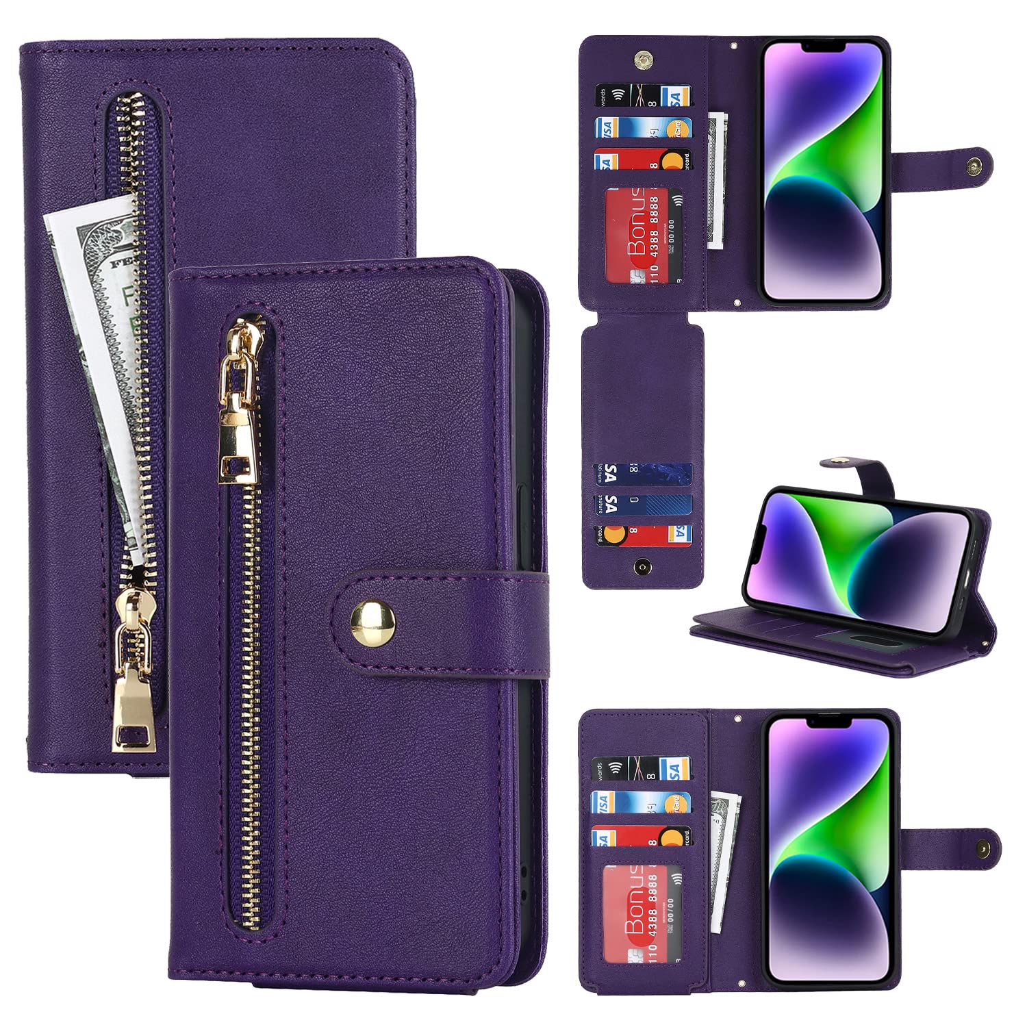 SailorTech Leather Case for iPhone 14 Flip Case Folio Cover Zipper Wallet Purse Case with Card Holder Neck Wrist Strap Magnetic Buckle Phone Protective Cases Purple