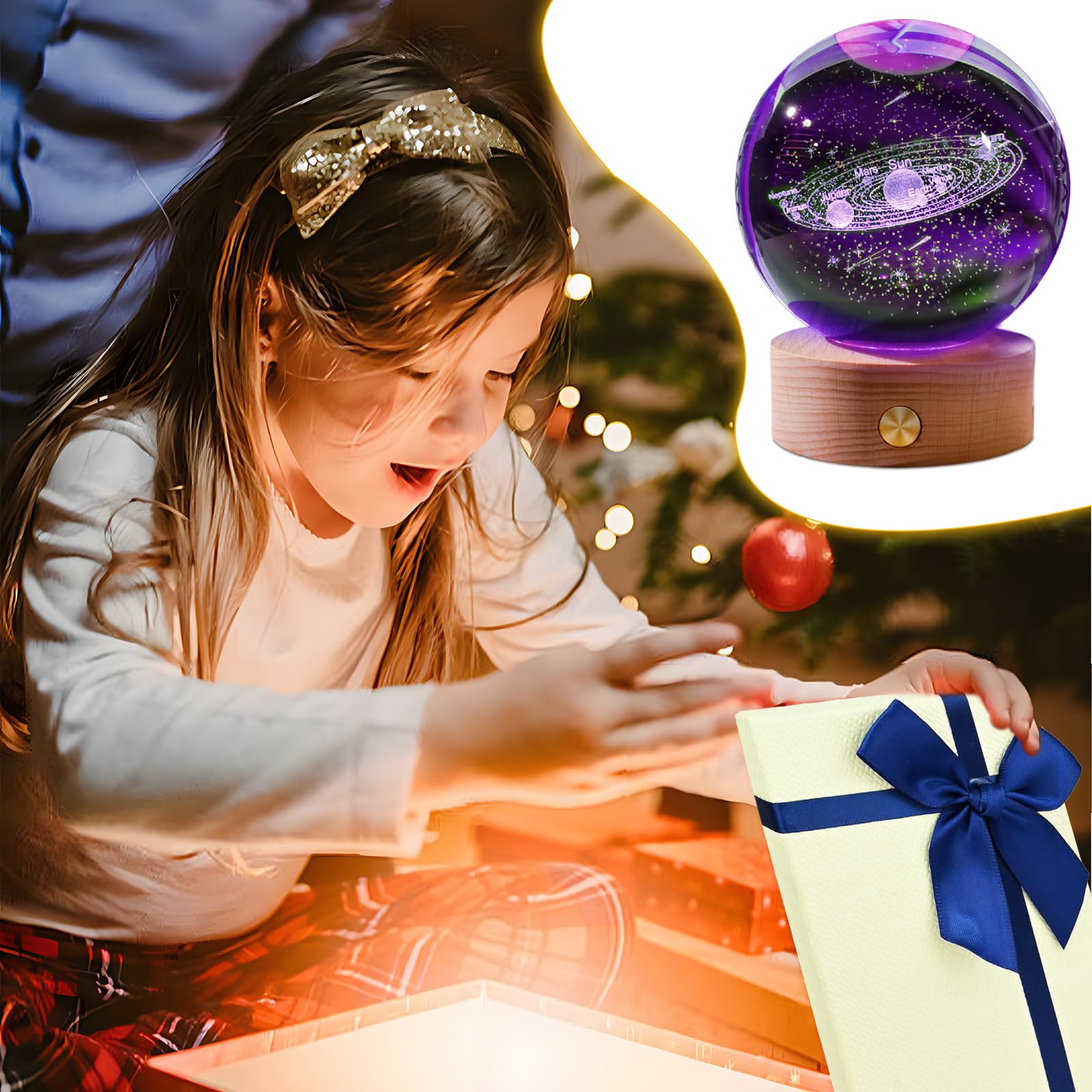 Luce Notturna Sfera Di Cristallo 3D Sistema Solare | Lampada Da Comodino In Vetro Con Base Legno 8 Cm - 2