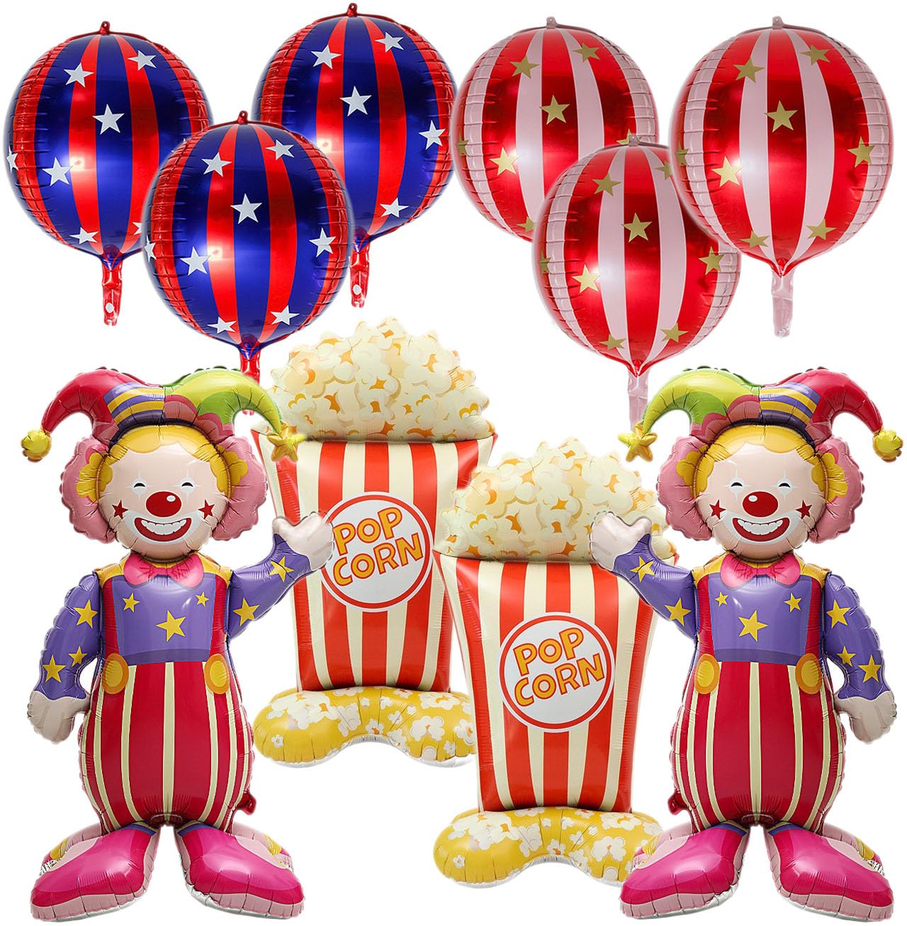 Juego de 10 globos de papel de aluminio de carnaval de circo, 4D autónomos, 47.6 pulgadas, enormes palomitas de maíz de payaso de circo, 55.8 cm, globos de papel de aluminio para carnaval, decoración