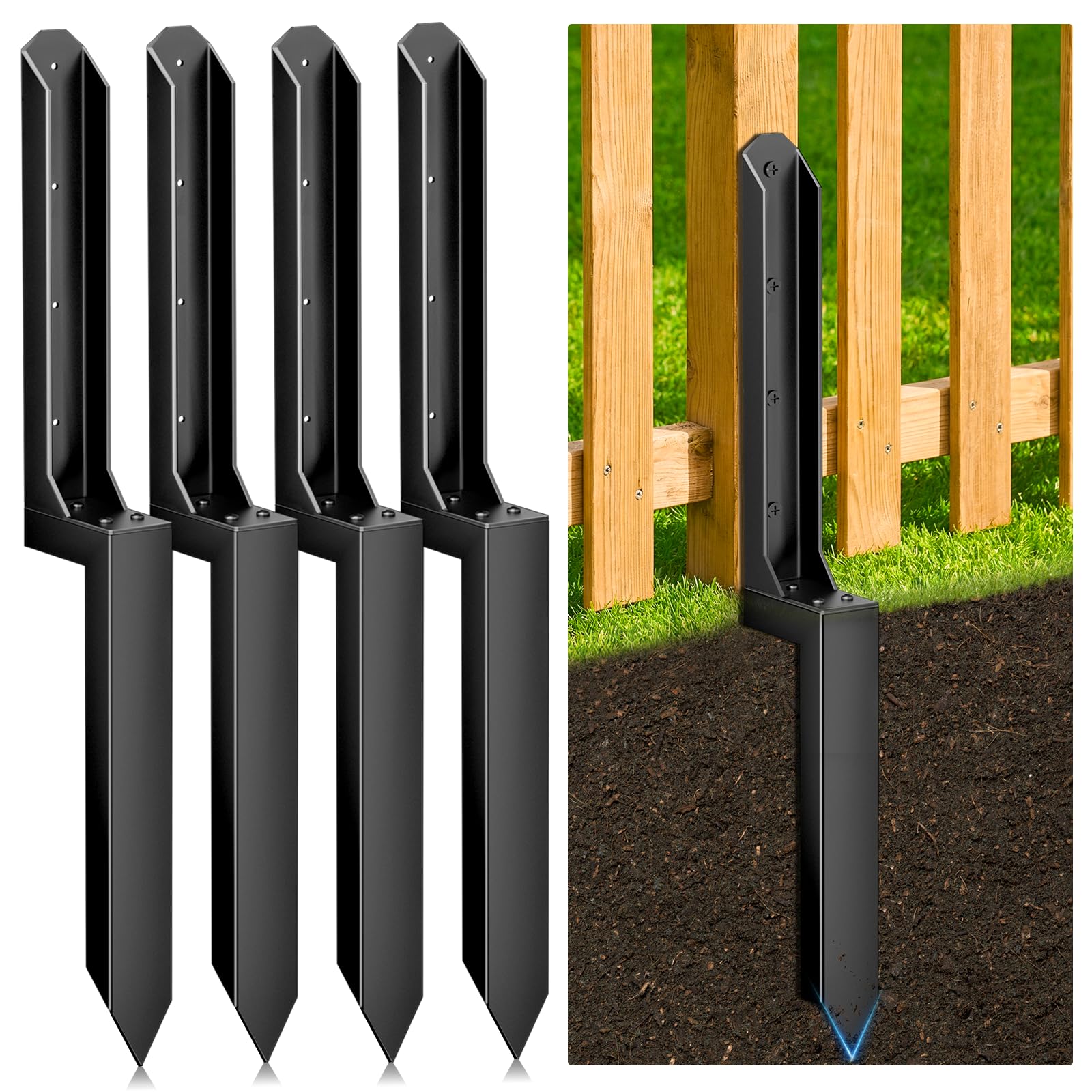 Photo 1 of 4 Pack Fence Post Repair Kit, Heavy Duty Steel Ground Spike Anchor for Fixing Leaning or Broken 4x4 & 6x6 Wood Posts, No Dig Drive-in Support for Yard, Garden & Fence