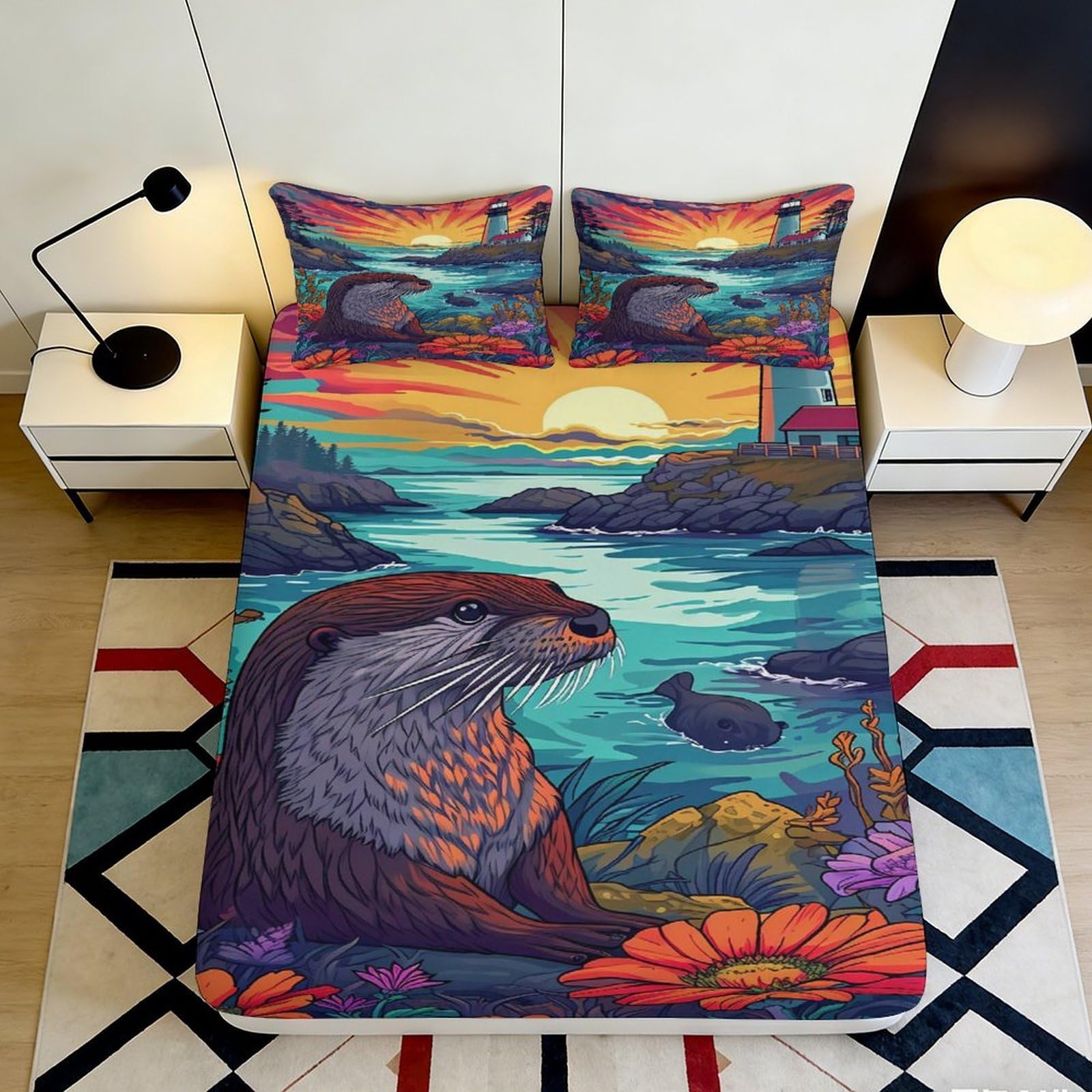 3D Printed Otter Sunset Fitted Sheet Microfiber Soft Breathable River Landscape Mattress Cover for Bedroom Dorm Decor 90x200x25cm