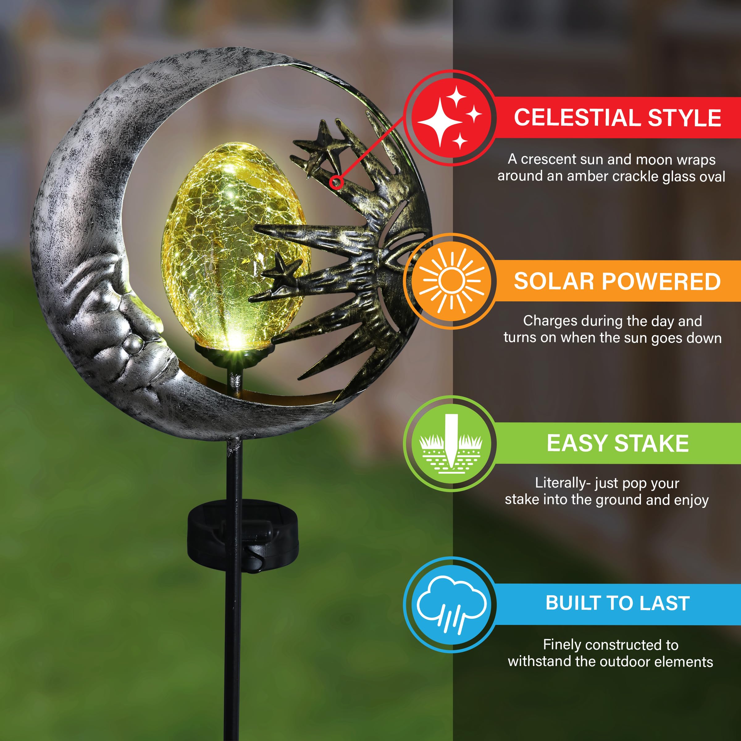 Exhart Sun And Moon Garden Palo Solare Che circonda Uovo Color Ambra Illuminato in Vetro craquelé Garden Art - Sole in Metallo su palo da Giardino Circolare d'Argento, 8 x 38