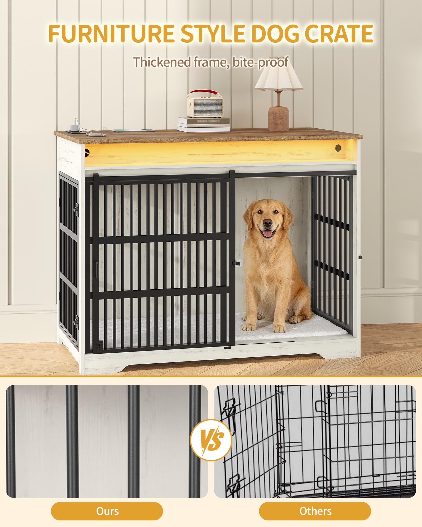 Hzuaneri Jaula Mueble Perro con Luces RGB & Regleta, 119 cm Caseta Interior de Madera Puerta Corredera para Perros Medianos Grandes, Jaula para Perros XXL, 119 × 70 × 99 cm, Blanco Marrón DFC90914BEU | Caja para perros para perros medianos y grandes, XXL