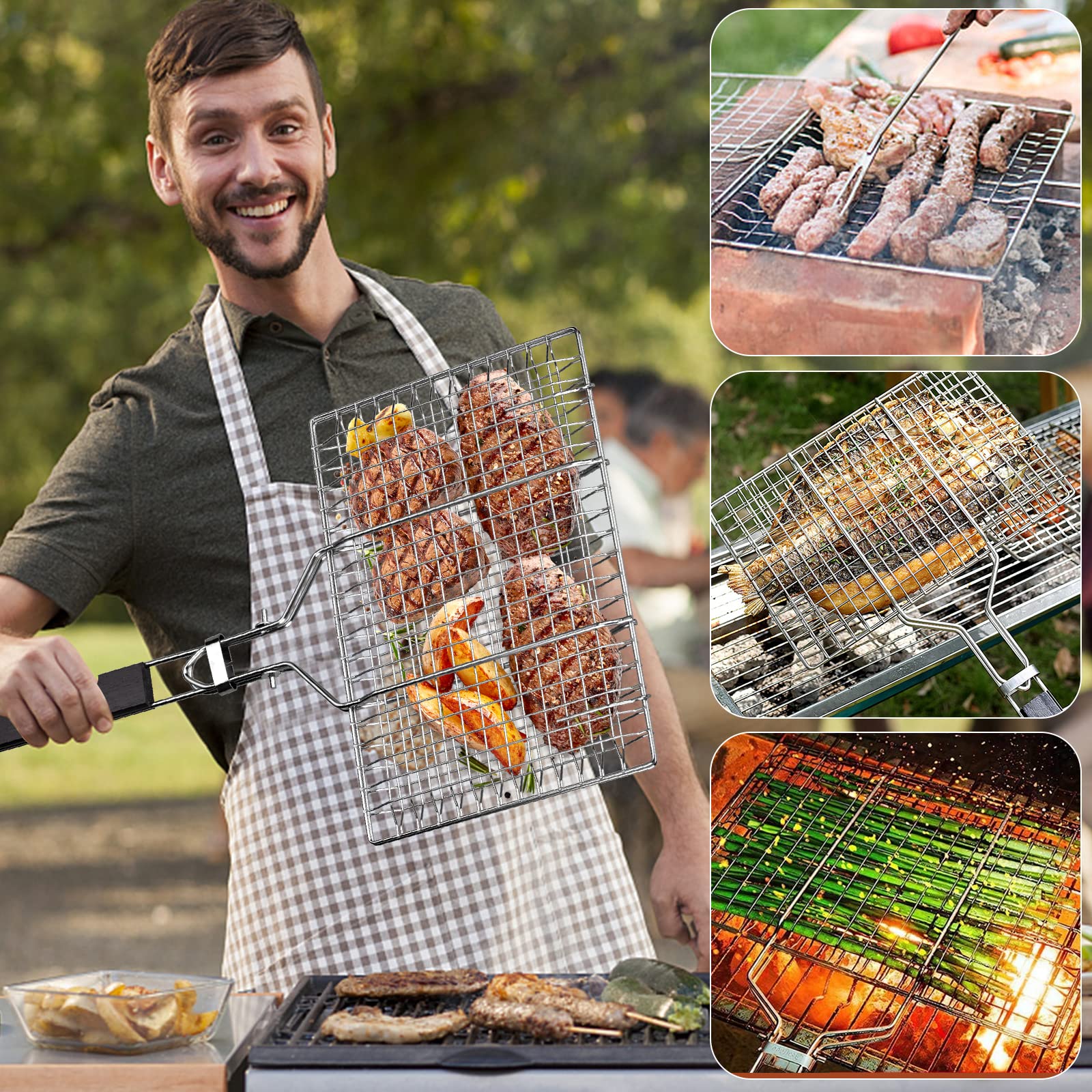 Cesta para Asar Pescado y Verduras - Bandeja de Barbacoa de Acero Inoxidable, Plegable, Portátil - Con Bolsa Oxford y 2 Cepillos de Silicona