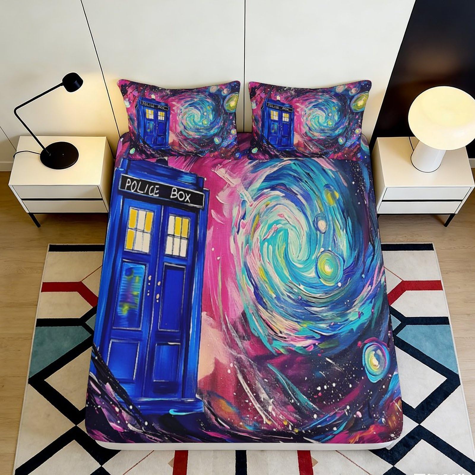 Jqzkxnhpbr Style-6 3D Printed Blue Police Box Galaxy Fitted Sheet Microfiber Soft Cosmic Nebula Mattress Cover For Bedroom Dorm Decor 90X200x25cm