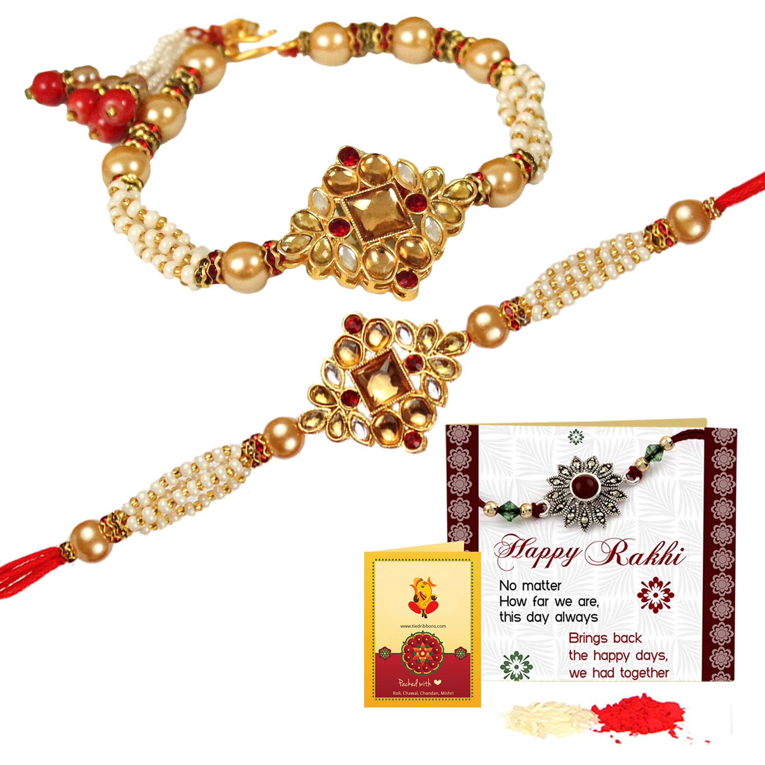 TIED RIBBONS Unisex Adult Rakhi For Brother And Bhabhi - Handmade Kundan Rakhi Set Of 2 With Greeting Card And Tikka - Bracelet Rakhi For Bhaiya Bhabhi - Rakhis For Rakshabandhan Couple (Design 3) (B0D6GP8P8T) Amazon Price History, Amazon Price Tracker