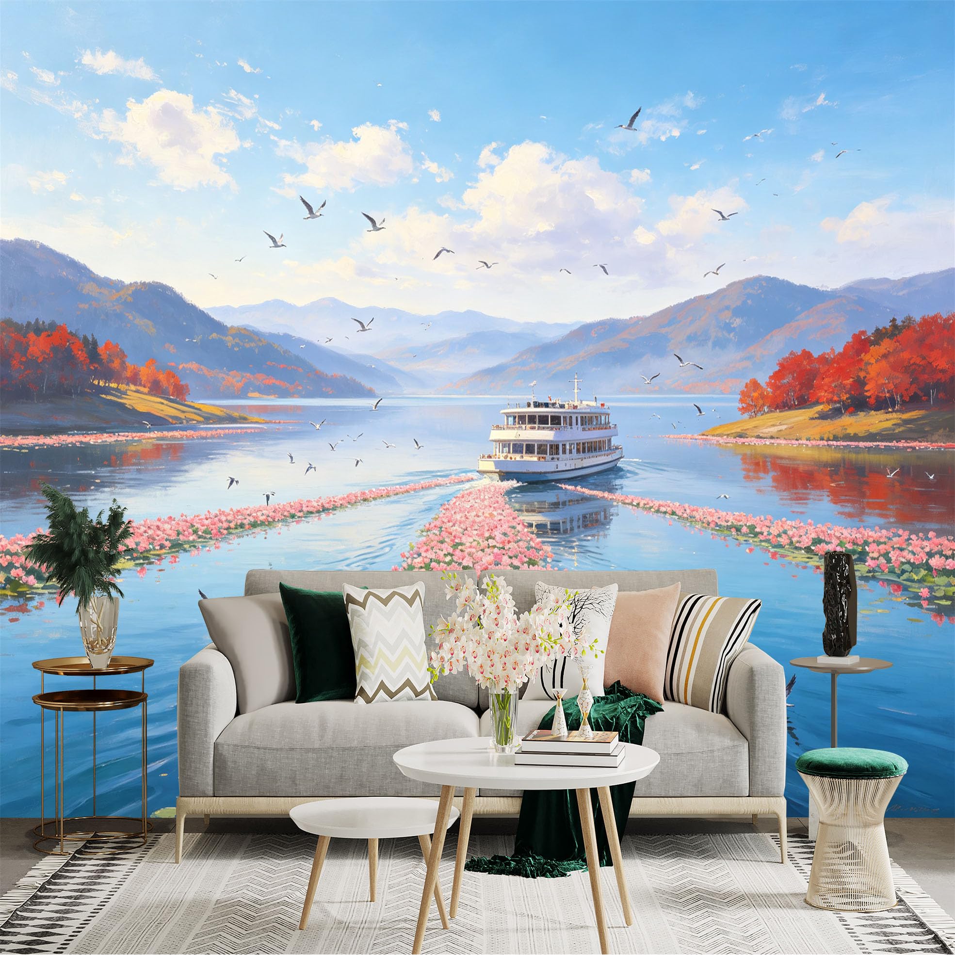 Custom Size Wall Sticker Mural， Cruise Ship on Lake， Blooming Pink Lotus Flowers， Flying Birds， Scenic Mountain Landscape， for wall Decoration， peelandstick wall Decals.