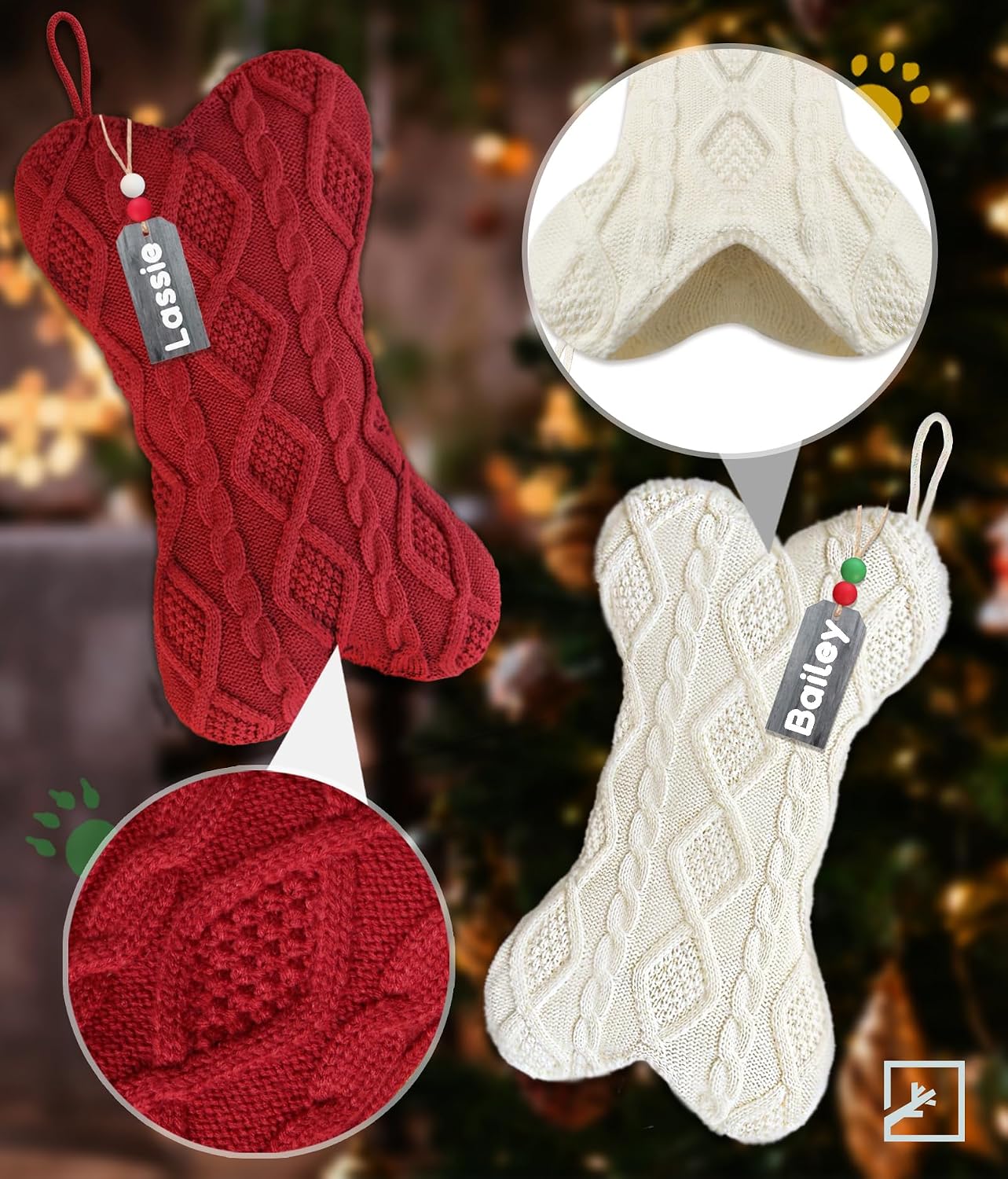 ZIFTY 2Pcs Dog Christmas Stocking with Name Tags Knit White & Red Christmas Stocking for Dogs Large Bone Shape Stocking Holder Xmas Decorations Fireplace Holiday Hanging Decor (2 Pack)