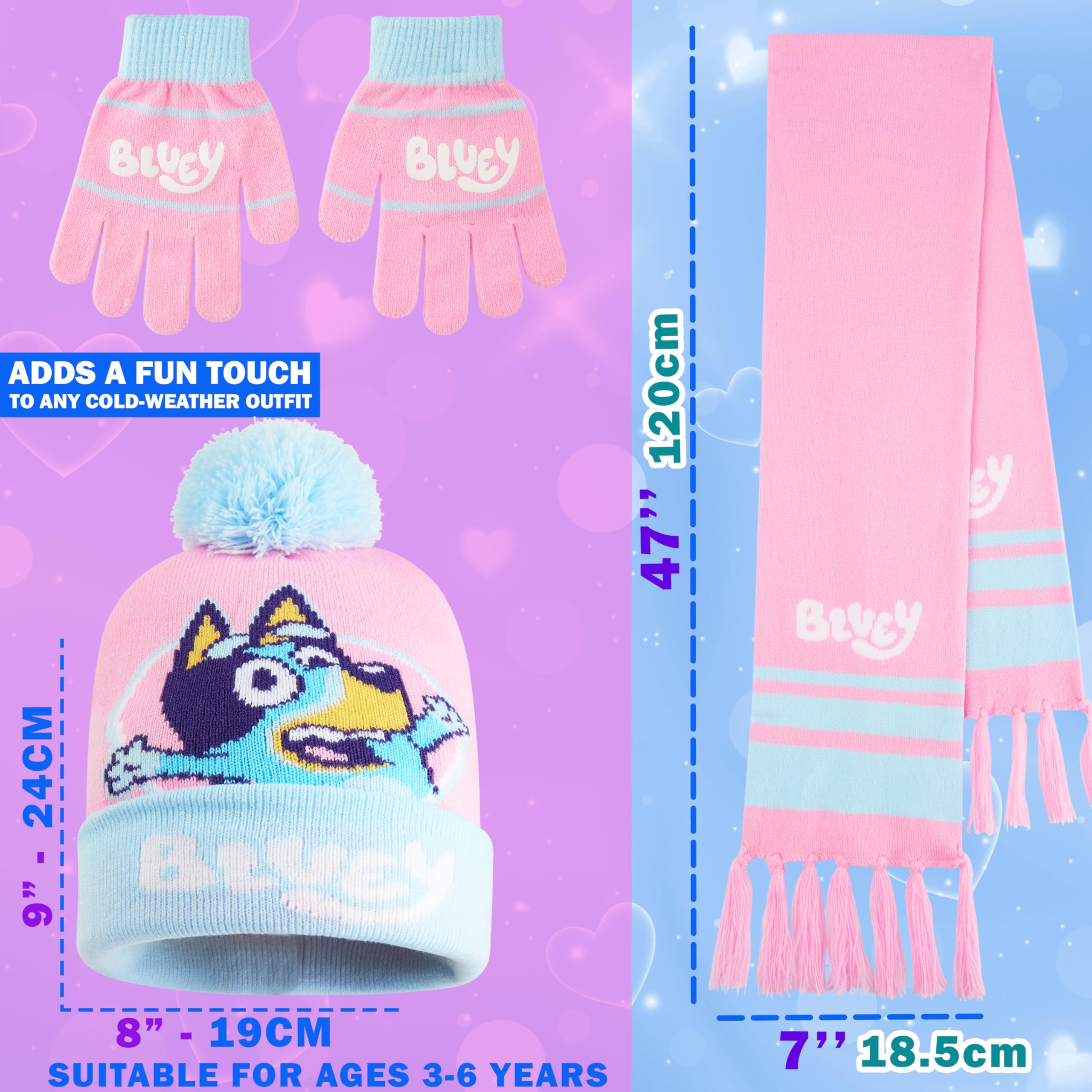 BlueY Winterset für Mädchen 3–6 Jahre, 2er- oder 3er-Set Weiche, Handschuhe und Schal, Hellblau Marineblau, Geschenkidee Kinder