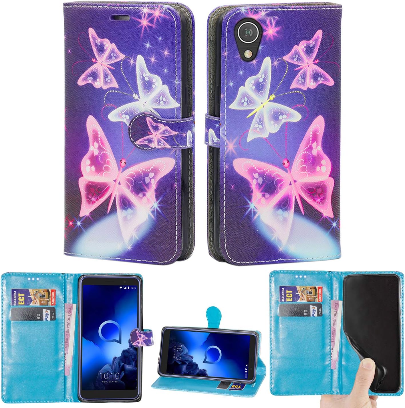 Alcatel 1 (5033X) Case, Leather Case Flip Folio Book Case Wallet Cover with Magnetic Closure & Kick Stand For Alcatel 1 (Butterfly Blue)
