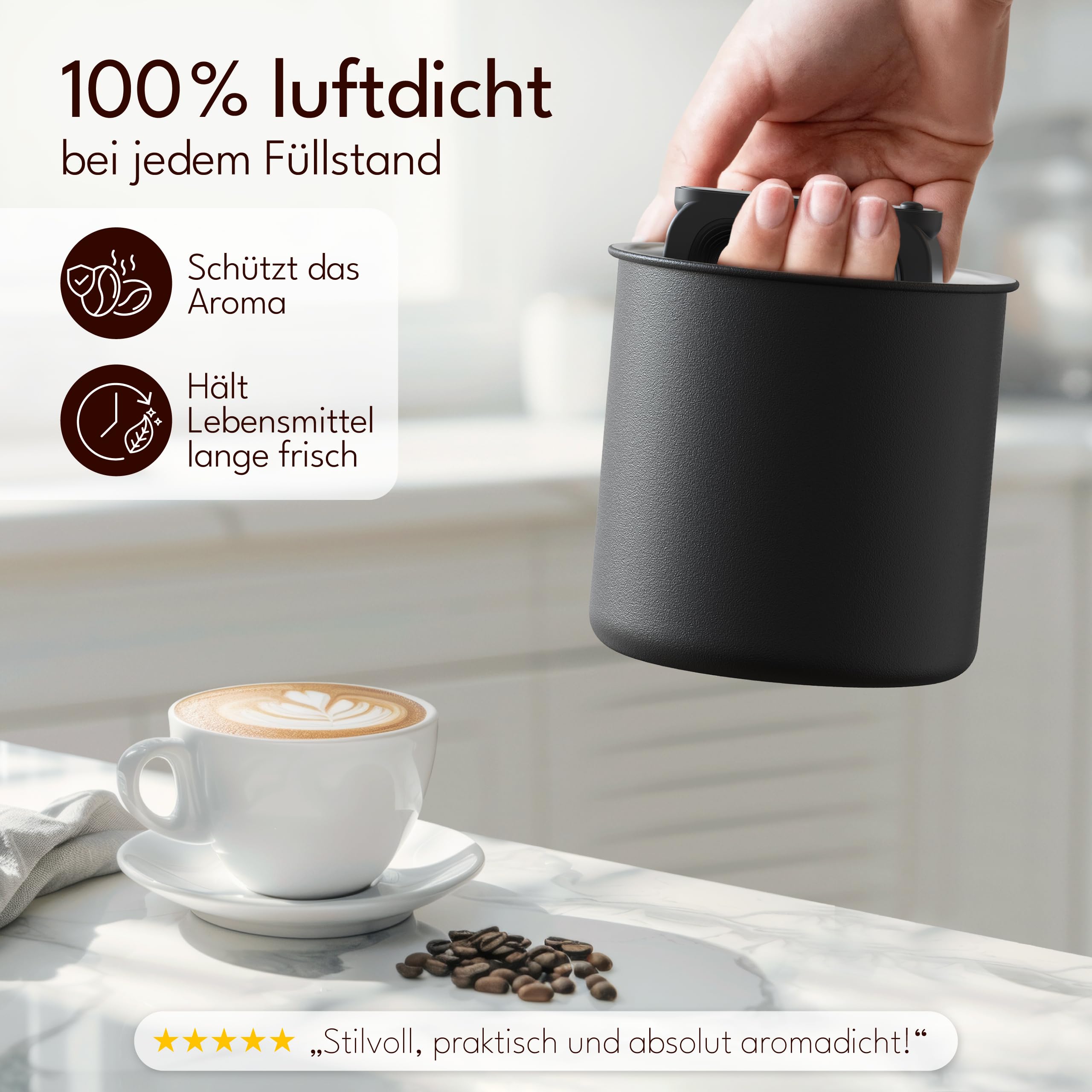KC Kitchen & Co. Hermetyczny pojemnik na kawę, 250 g, słoik do przechowywania ze stali nierdzewnej z pokrywką próżniową i uszczelką zapachową, słoik do przechowywania kawy, herbaty, cukru, płatków