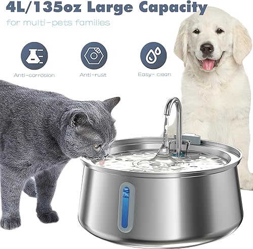 Miniatura 5 de Fuente de agua de acero inoxidable para gatos, fuente de agua para mascotas de 4 litros135 onzas de gran capacidad, dispensador de agua para perros