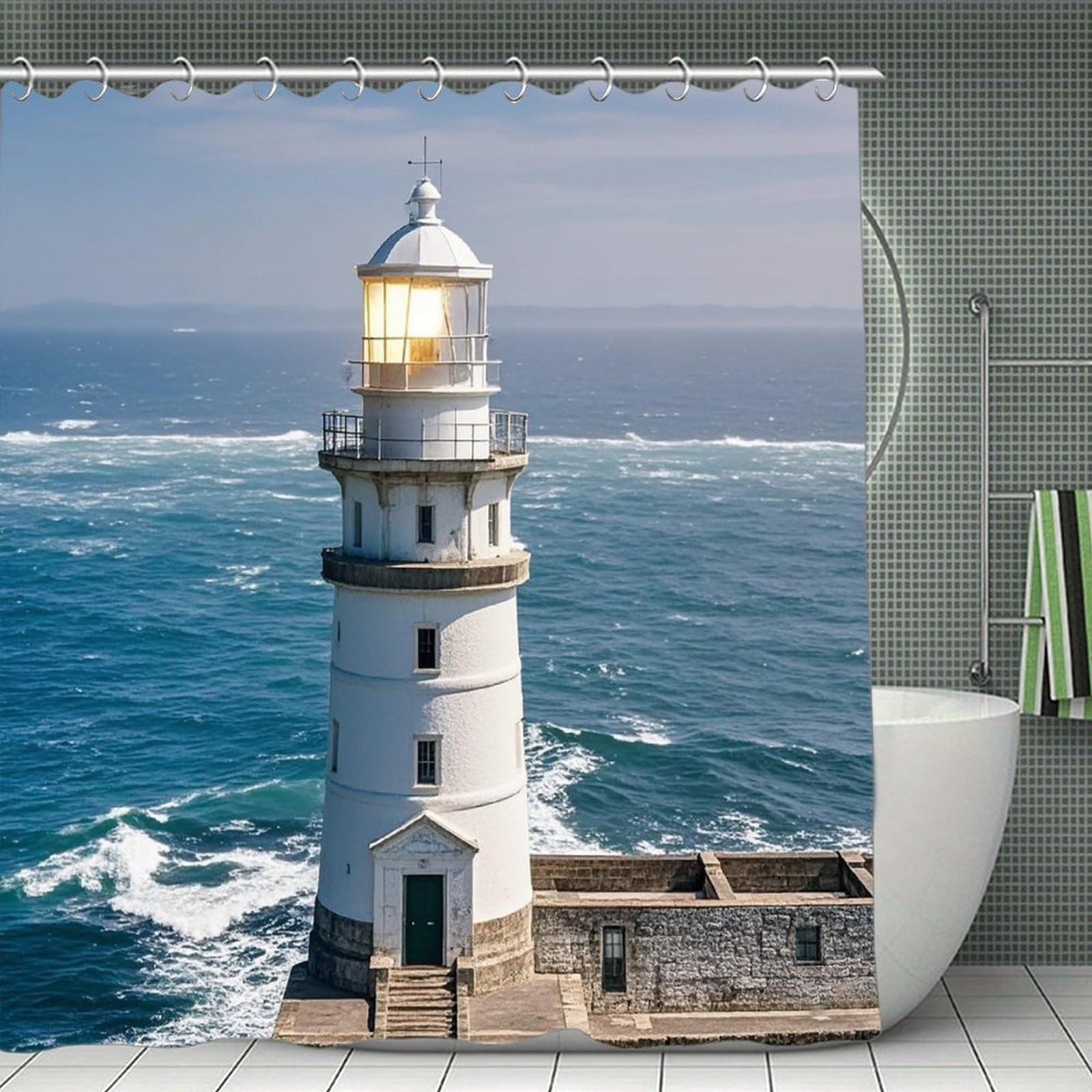 VstaDank Lighthouse Sandbeach Shower Curtain Light-Weight Blackout Bathroom Curtain Washable Shower Liner 71x71 Inch Bath Curtain with Metal Holes Bathtub Bath Room