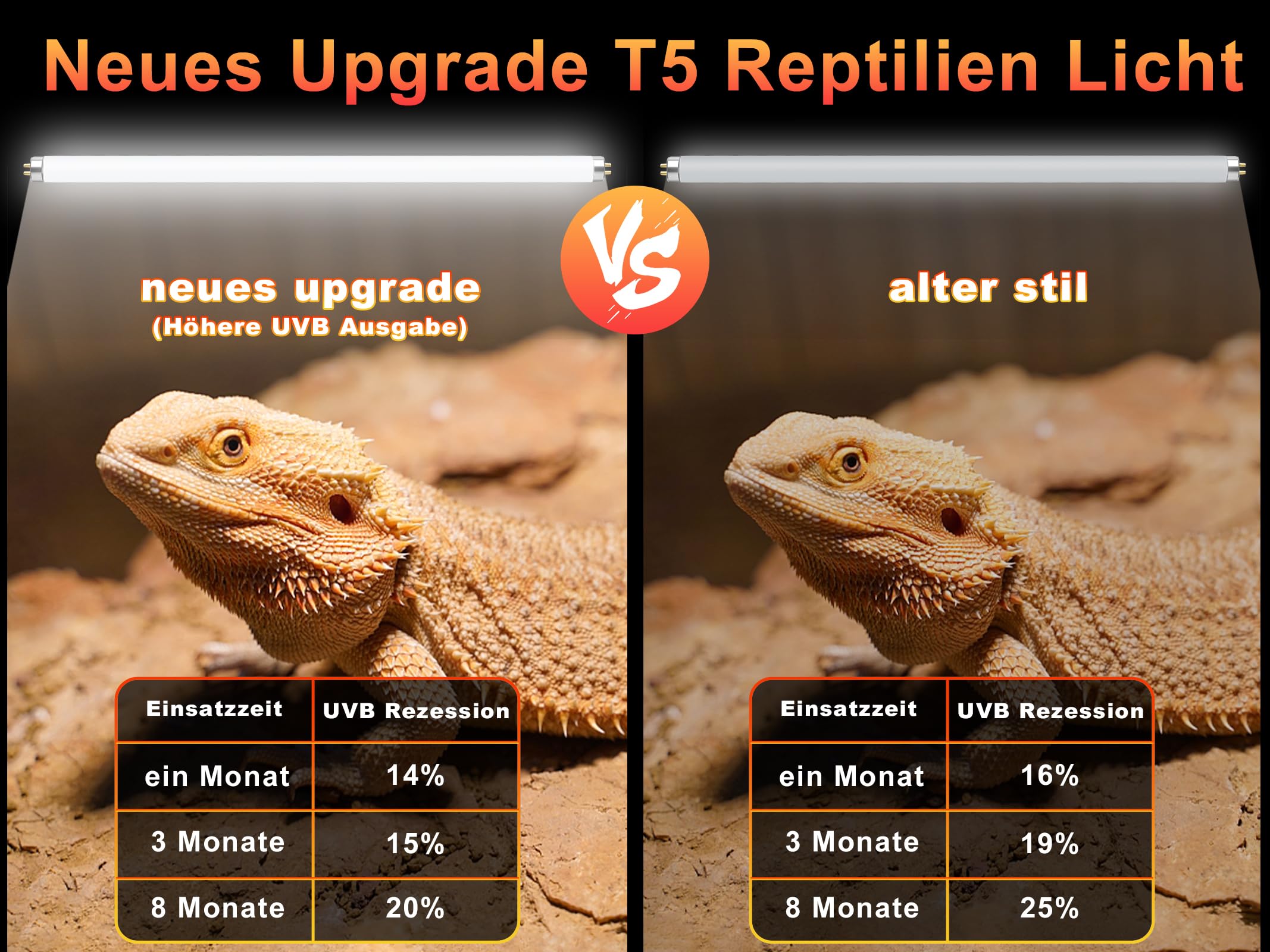 LUCKY HERP T5 UVB Lampe Terrarium, UVB 10.0 Reptilien Leuchtstoffröhre 8W-2stück, UVA UVB Terrarium Lampe für Eidechsen, Schildkröte, Chamäleon, Leopardgecko