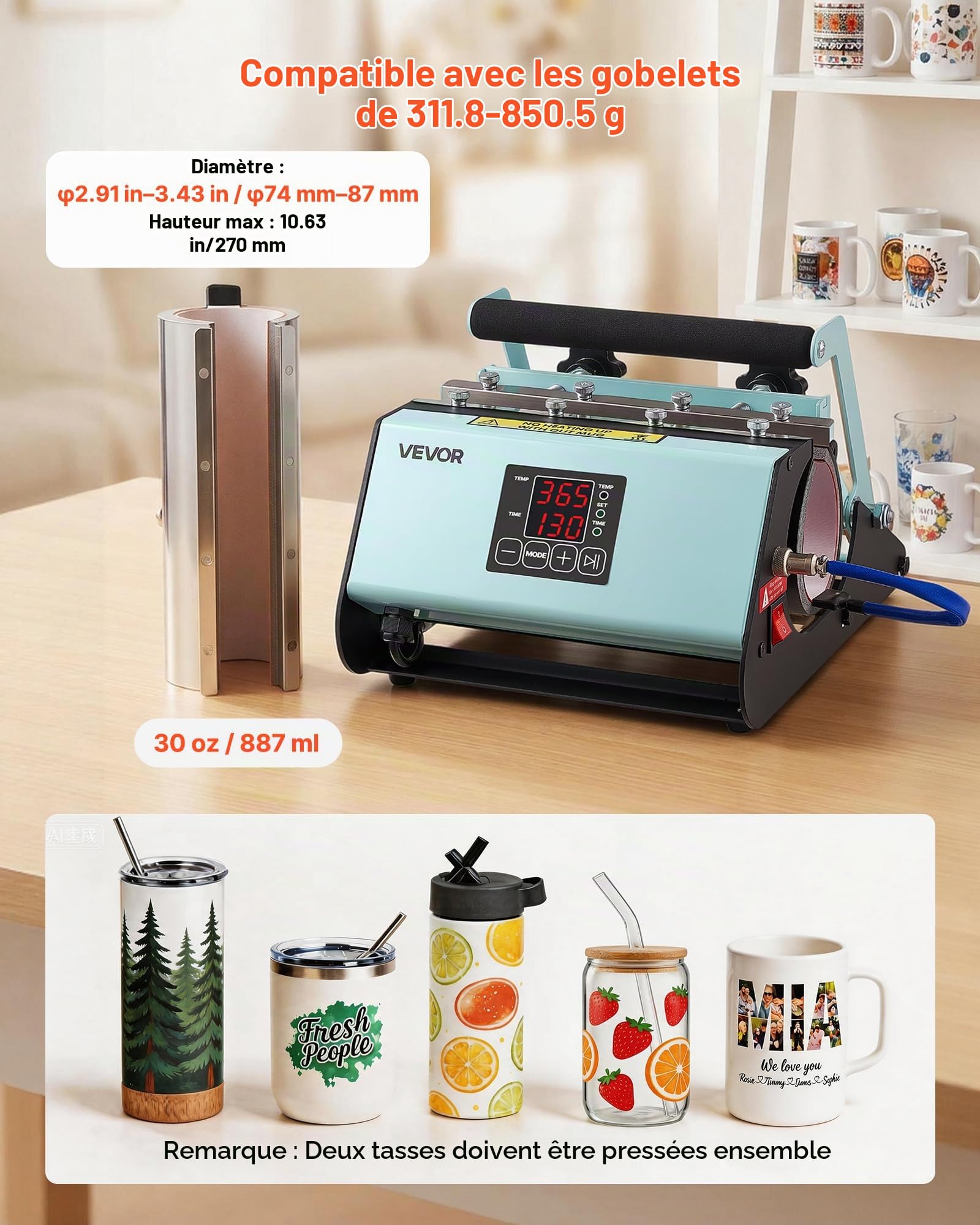 VEVOR Presse à Chaud pour Tasses Capacité Maximale de 887 mL Noir et Vert, avec Ruban Adhésif et Gants, Réglage Température et Durée, Transfert Thermique par Sublimation pour Gobelets, Tasses et Mugs