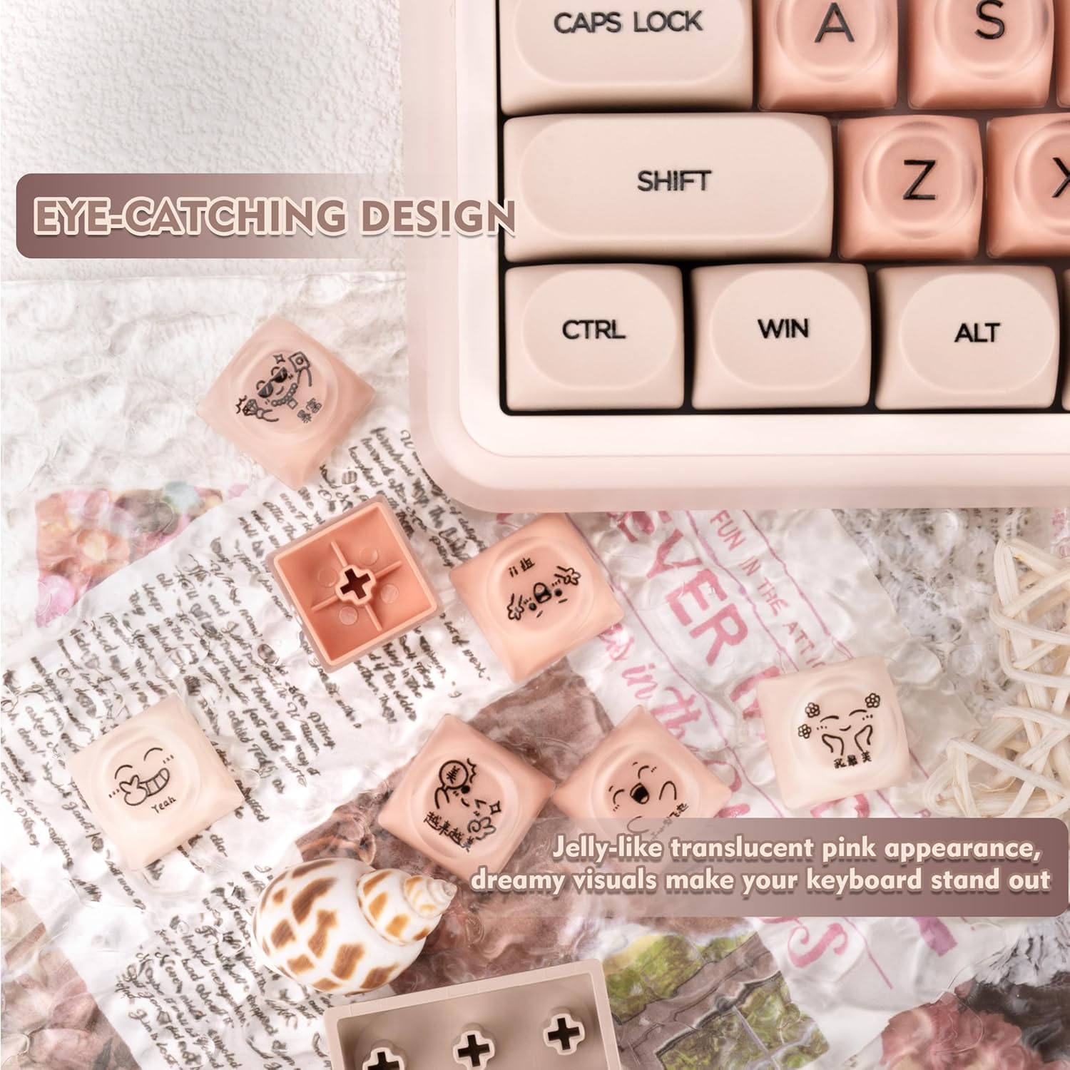 MOA Profile PBT Keycaps, Jelly Keycap Foundation 136 Keys Cute Pink Custom Keycaps for US Layout Cherry Gateron MX Swithes Mechanical Keyboards