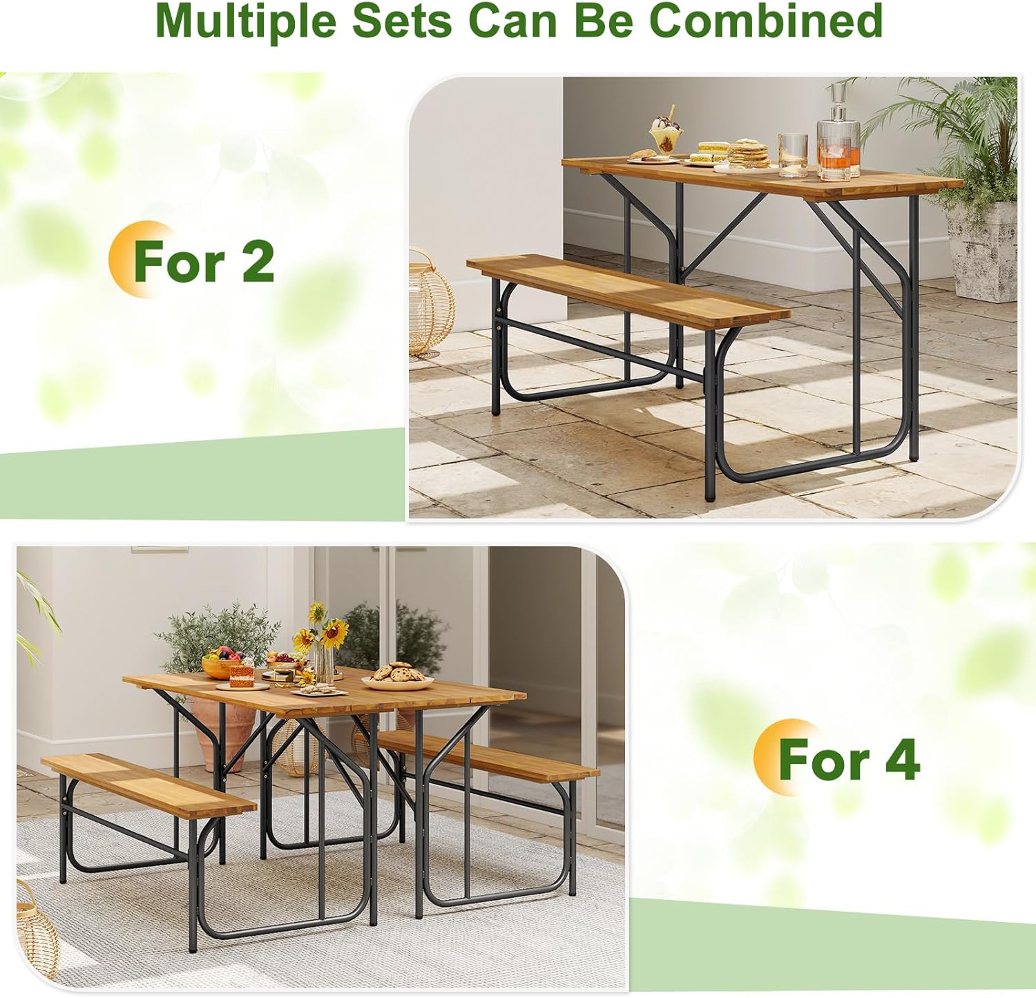 HAPPYGRILL Picnic Table Bench Set for 2, Acacia Wood Dining Table and Bench Set with Heavy Duty Metal Frame, for Patio, Porch, Garden and Backyard