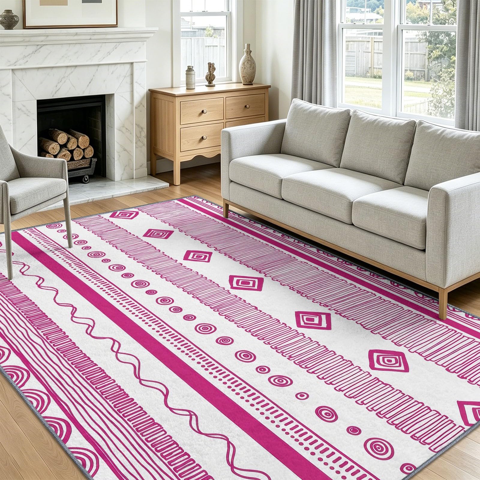 Dywan nadaje się do prania, 140 x 200 cm, poziome paski, w kropki, krótkie runo, geometryczny, do pokoju dziecięcego, antypoślizgowy, miękki, łatwy w pielęgnacji, do salonu, sypialni, kuchni