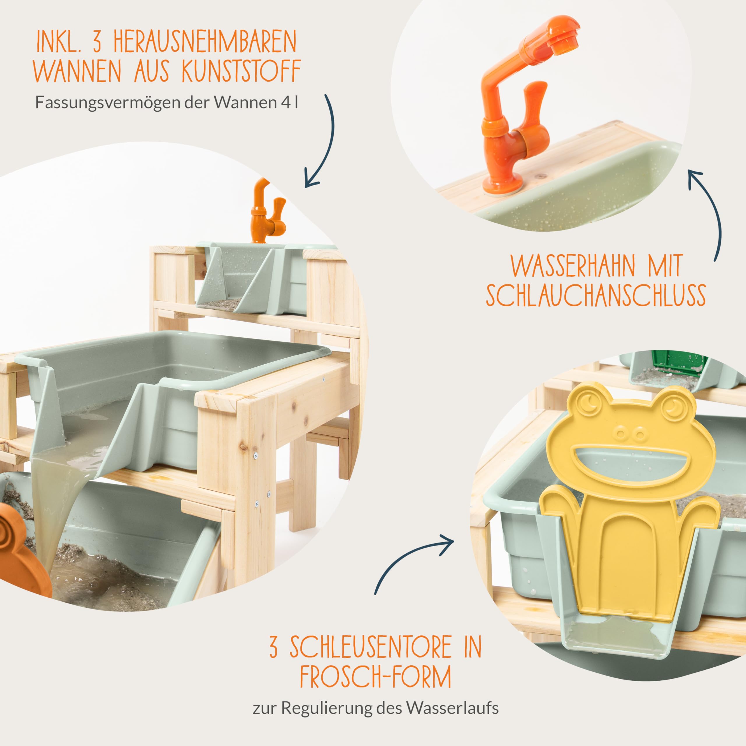 PINOLINO Juego de mesa de juegos de agua Frolino, 3 piezas, juguete acuático para exteriores, juguete de madera para jardín, con grifo y conexión de manguera, 3 mesas de juego con bañeras, a partir de
