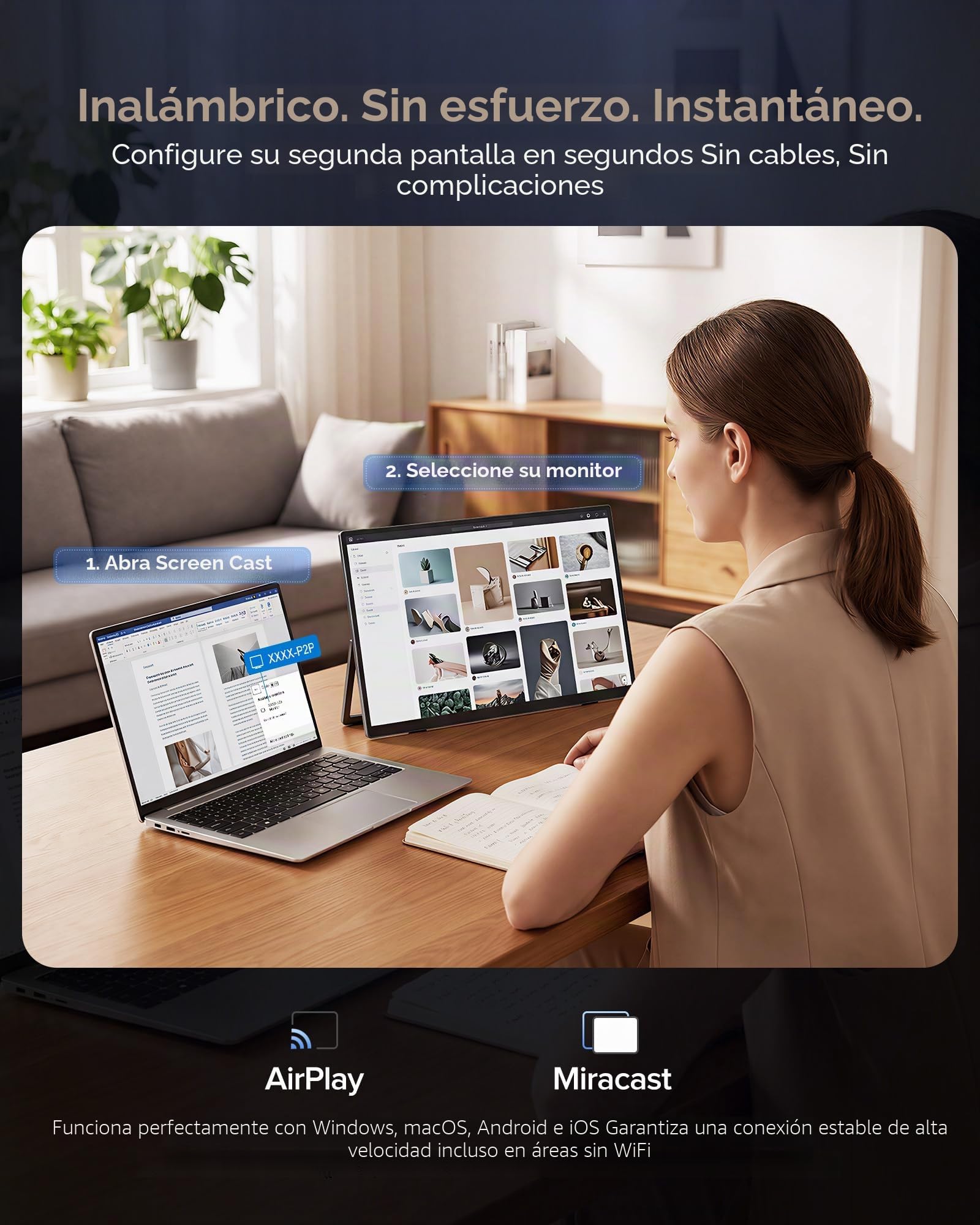 Newsoul Monitor Portátil Inalámbrico con Batería 8000 mAh,15.6" Pantalla Portatil 1080P IPS 125% sRGB, Pantalla Móvil Externa con Mini HDMI/USB-C para Laptop/PC/Phone, Soporte AirPlay/Miracast