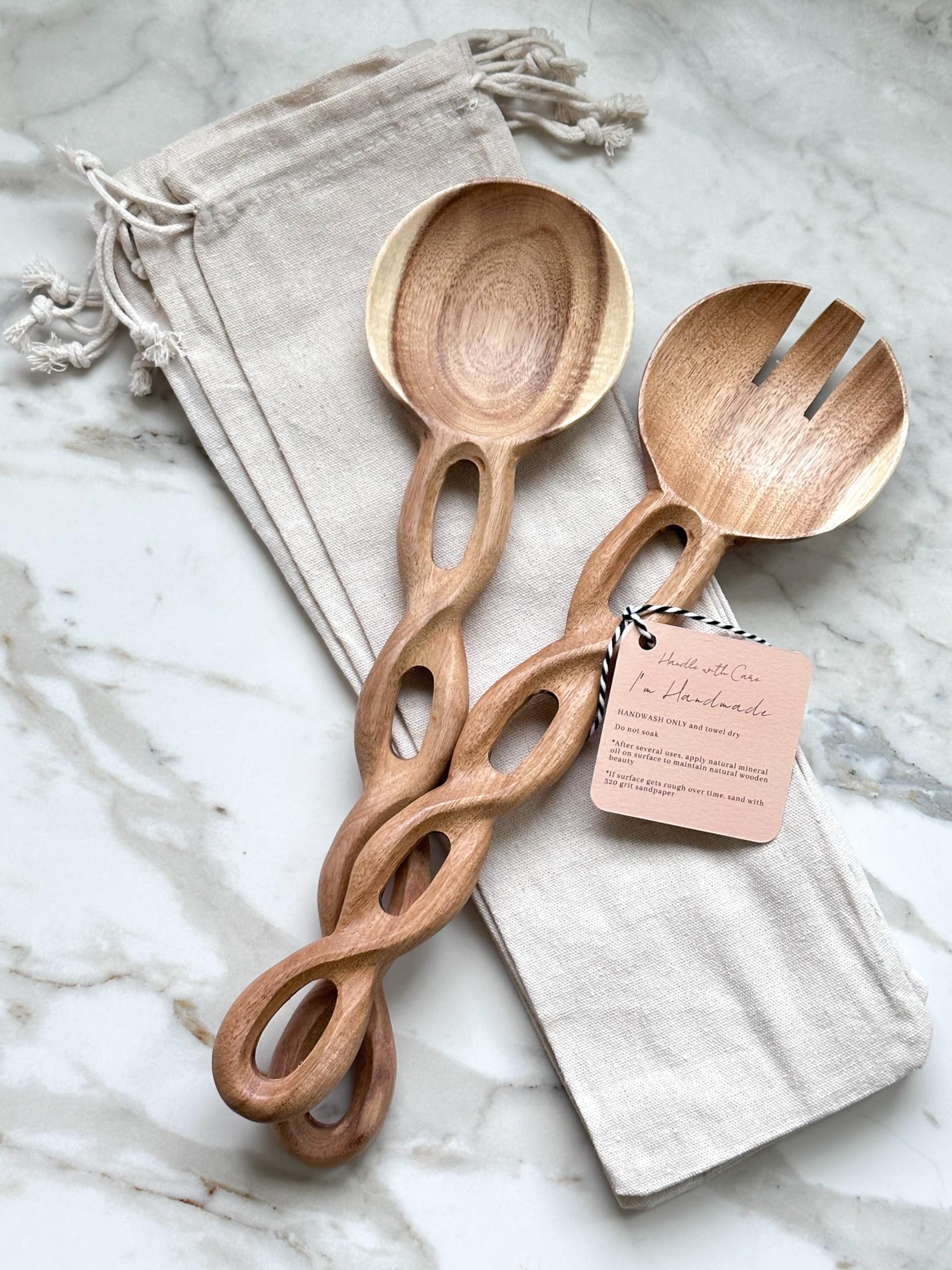 Pinzas de ensalada de madera de 13 pulgadas para servir, juego de utensilios de cocina de madera, pinzas trenzadas, juego de 2 cucharas y tenedores, regalos de cocina, ideas de regalo de inauguración